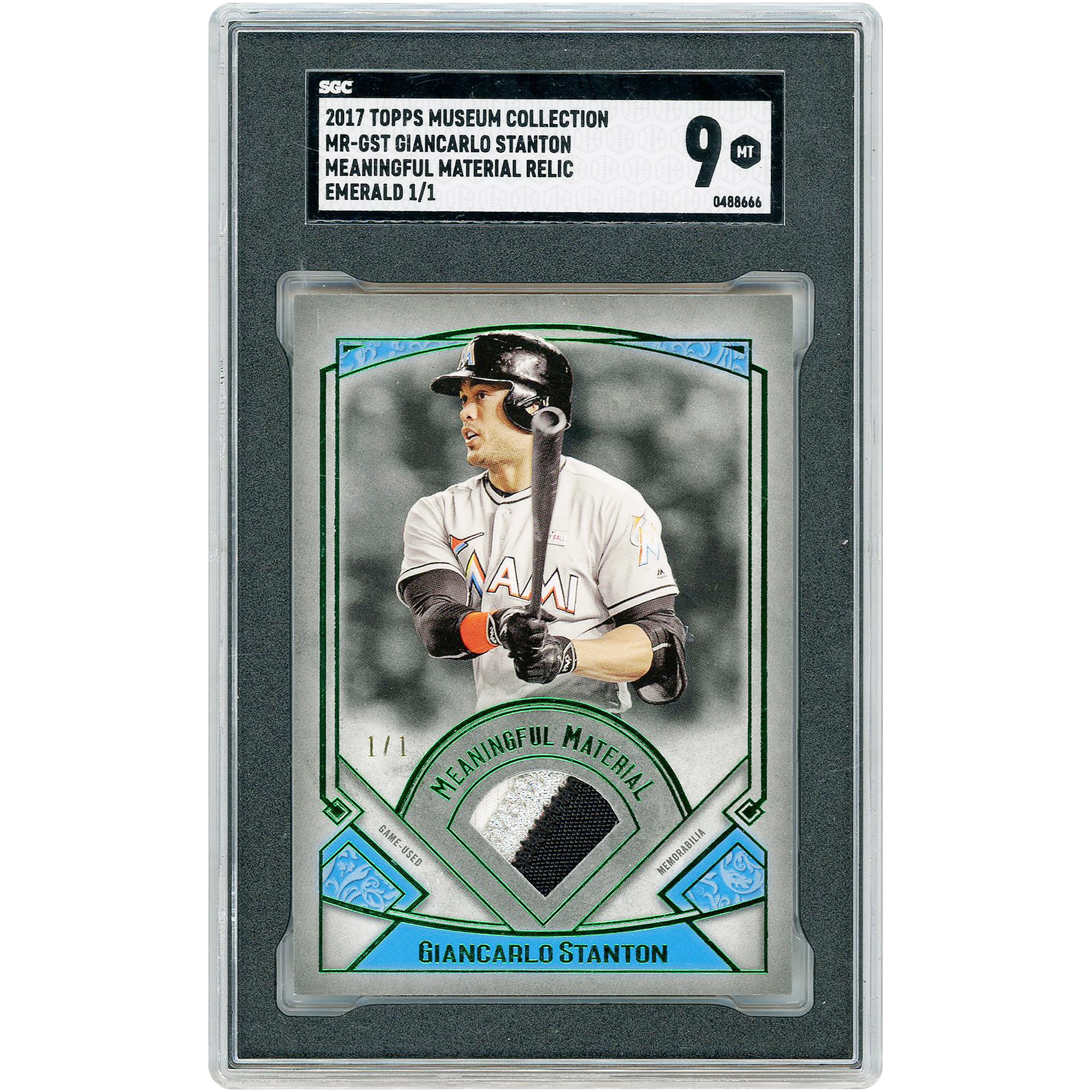 Carte authentifiée SGC 9 authentifiée par SGC, numéro MR-GST #1/1, Miami Marlins 2017 Topps Museum Collection Emerald Meaningful Material