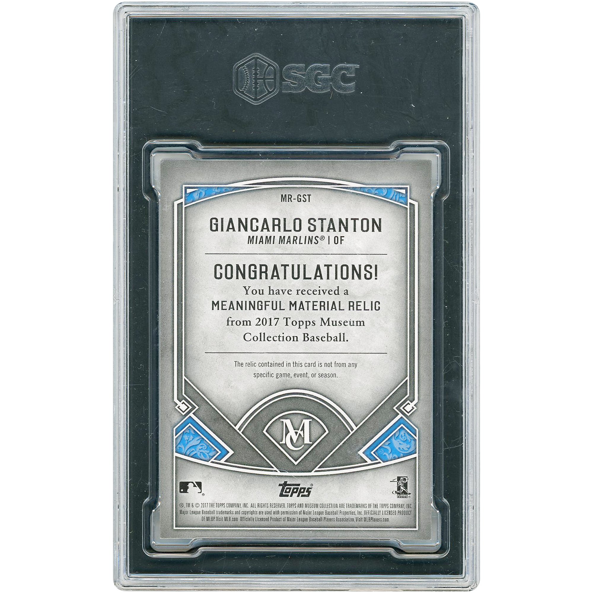 Carte authentifiée SGC 9 authentifiée par SGC, numéro MR-GST #1/1, Miami Marlins 2017 Topps Museum Collection Emerald Meaningful Material