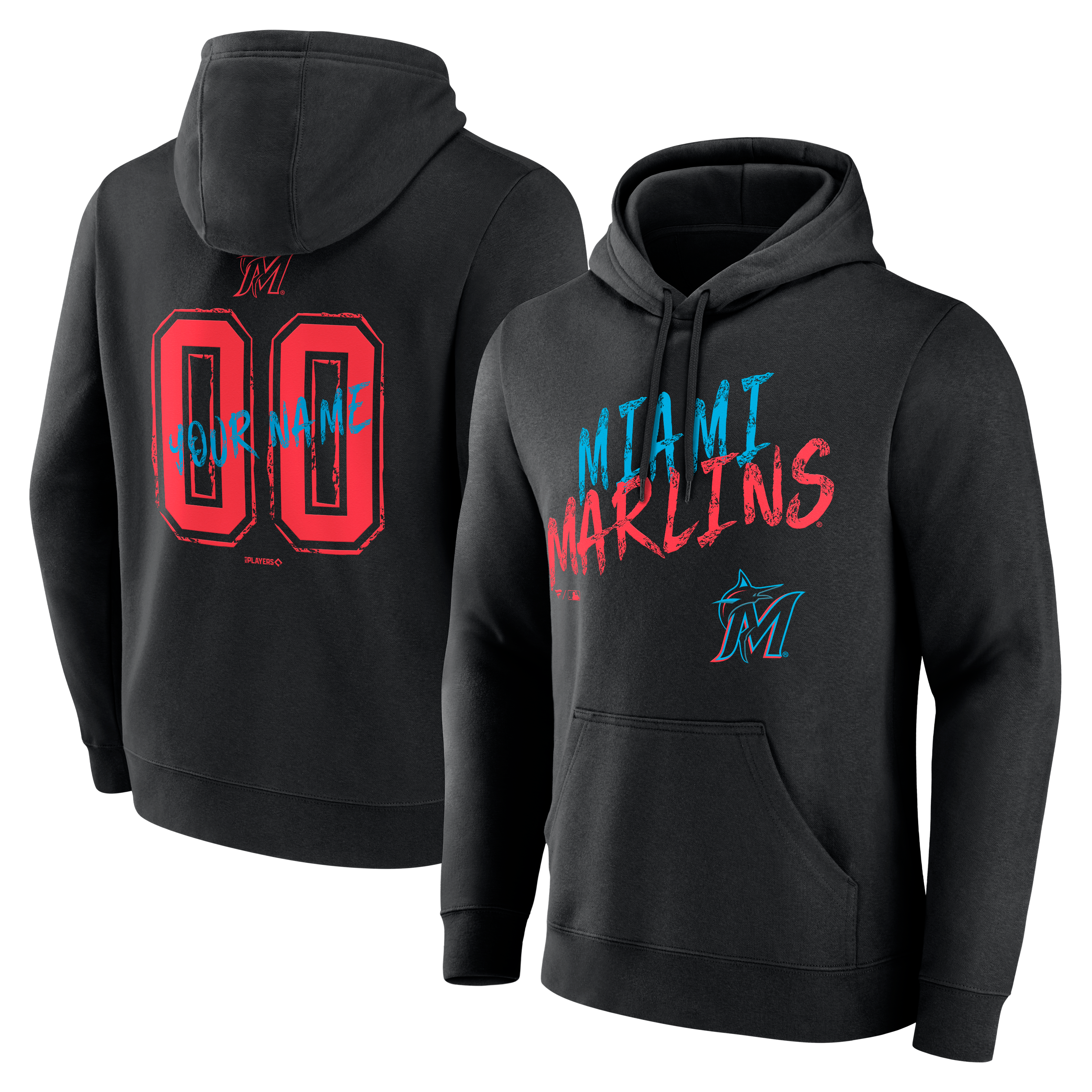 Sweat à capuche noir pour homme Miami Marlins Hustle personnalisé avec nom et numéro