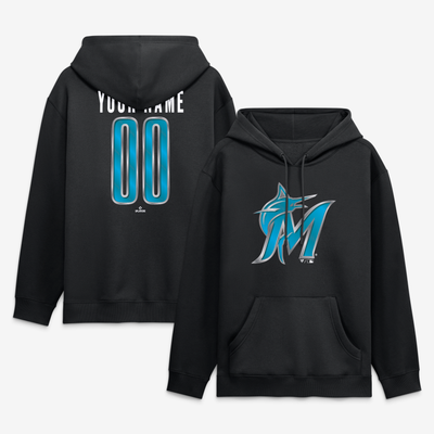 Miami Marlins  Metallic Mascot Personalized Name & Number Hoodie - Black
