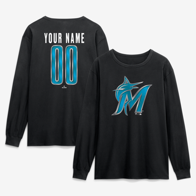Miami Marlins  Metallic Mascot Personalized Name & Number Long Sleeve T-Shirt - Black