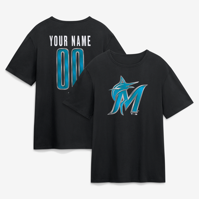Miami Marlins  Metallic Mascot Personalized Name & Number T-Shirt - Black