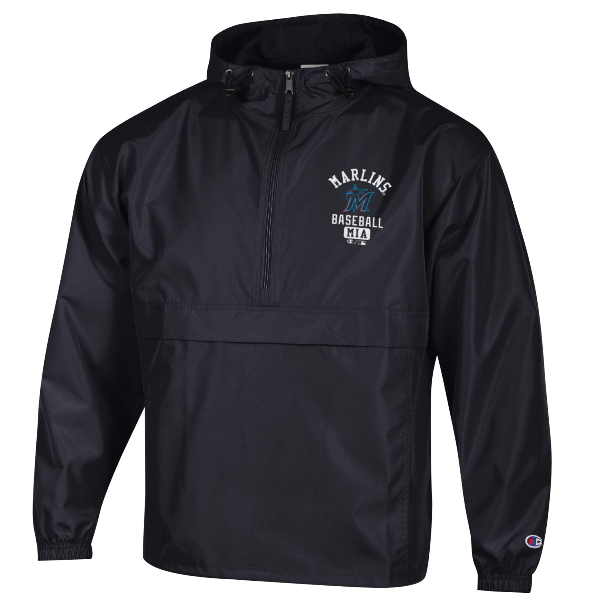 Veste coupe-vent pliable à demi-zip Champion noire pour homme, Miami Marlins