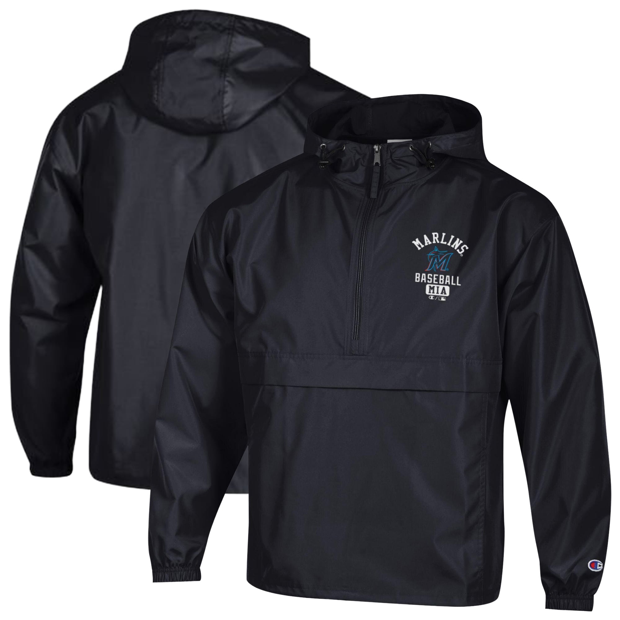Men's Champion  Black Miami Marlins Packable Windbreaker Half-Zip Jacket