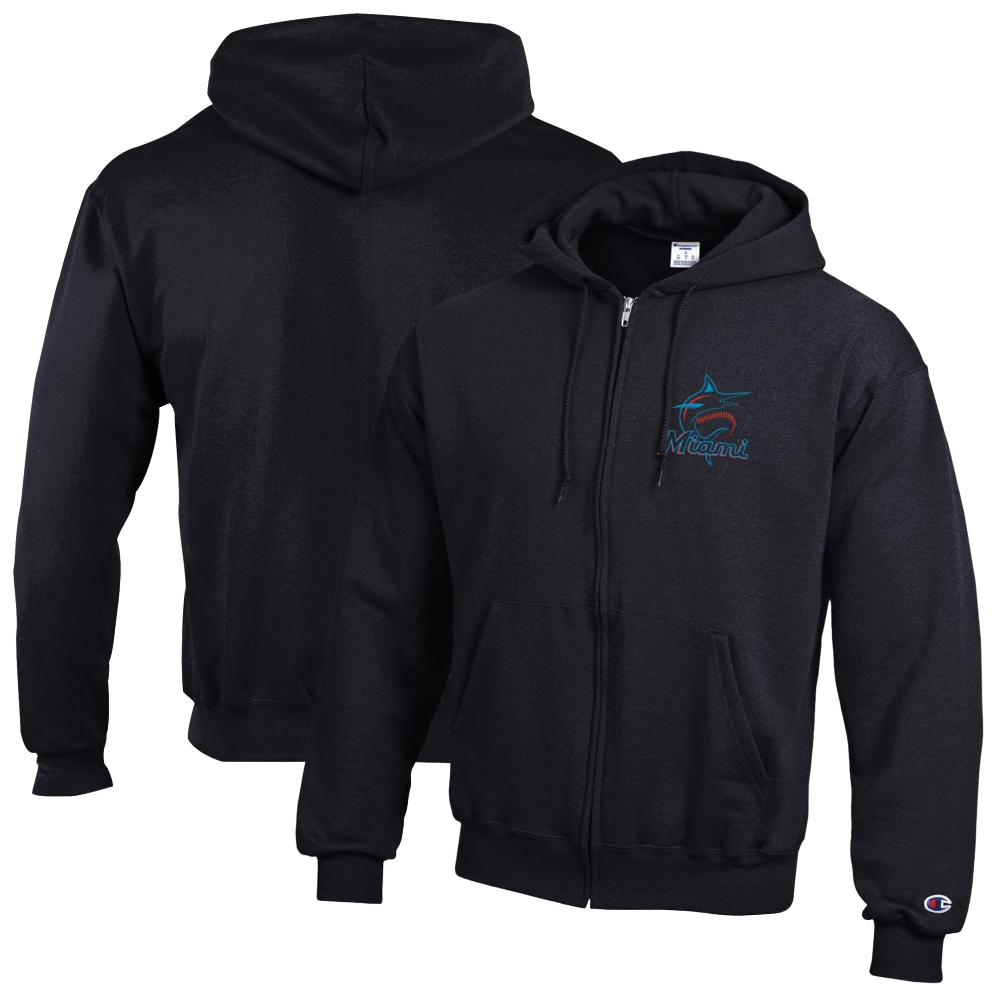 Men's Champion Black Miami Marlins Powerblend Full-Zip Hoodie