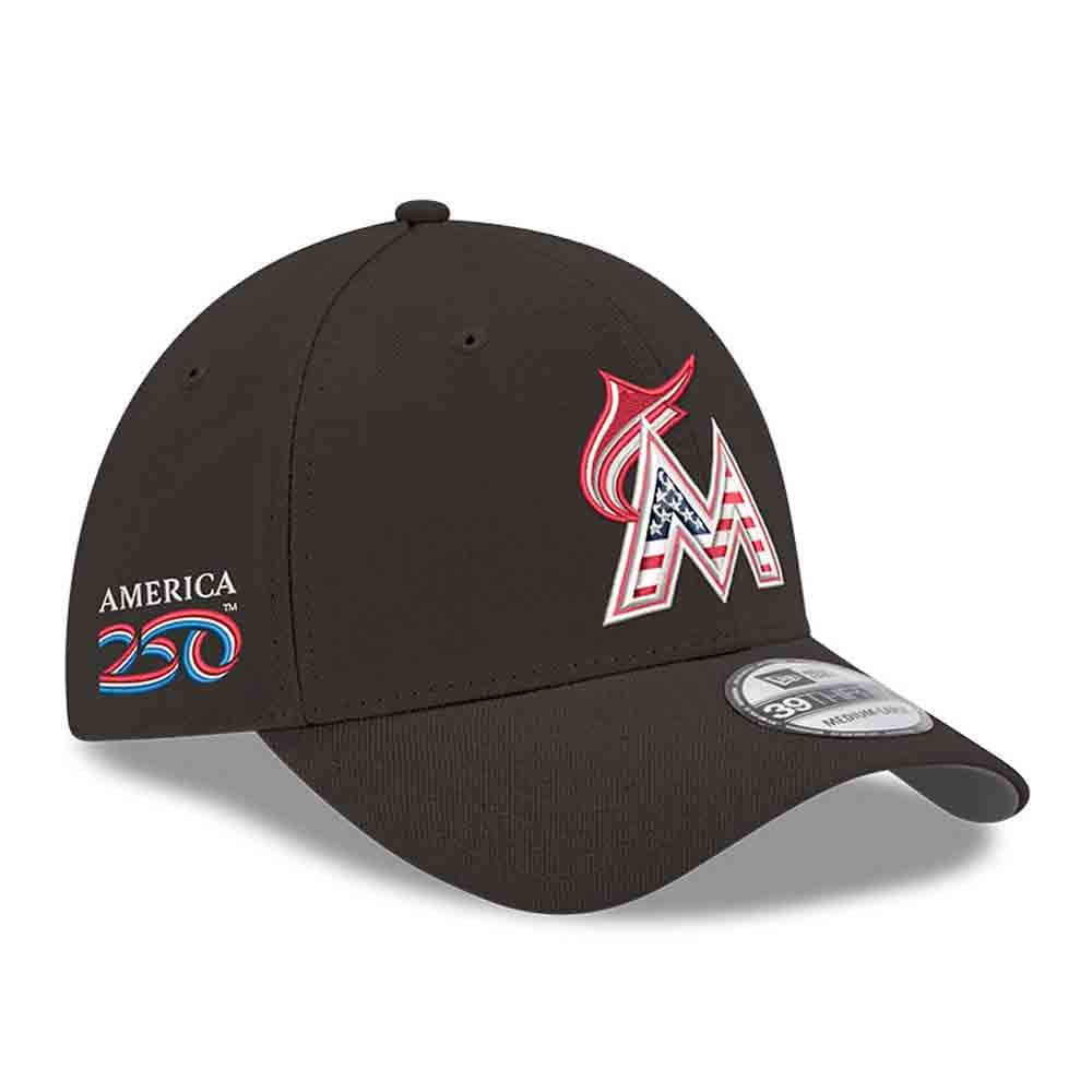 Men's New Era Black Miami Marlins America 250 39THIRTY Flex Hat