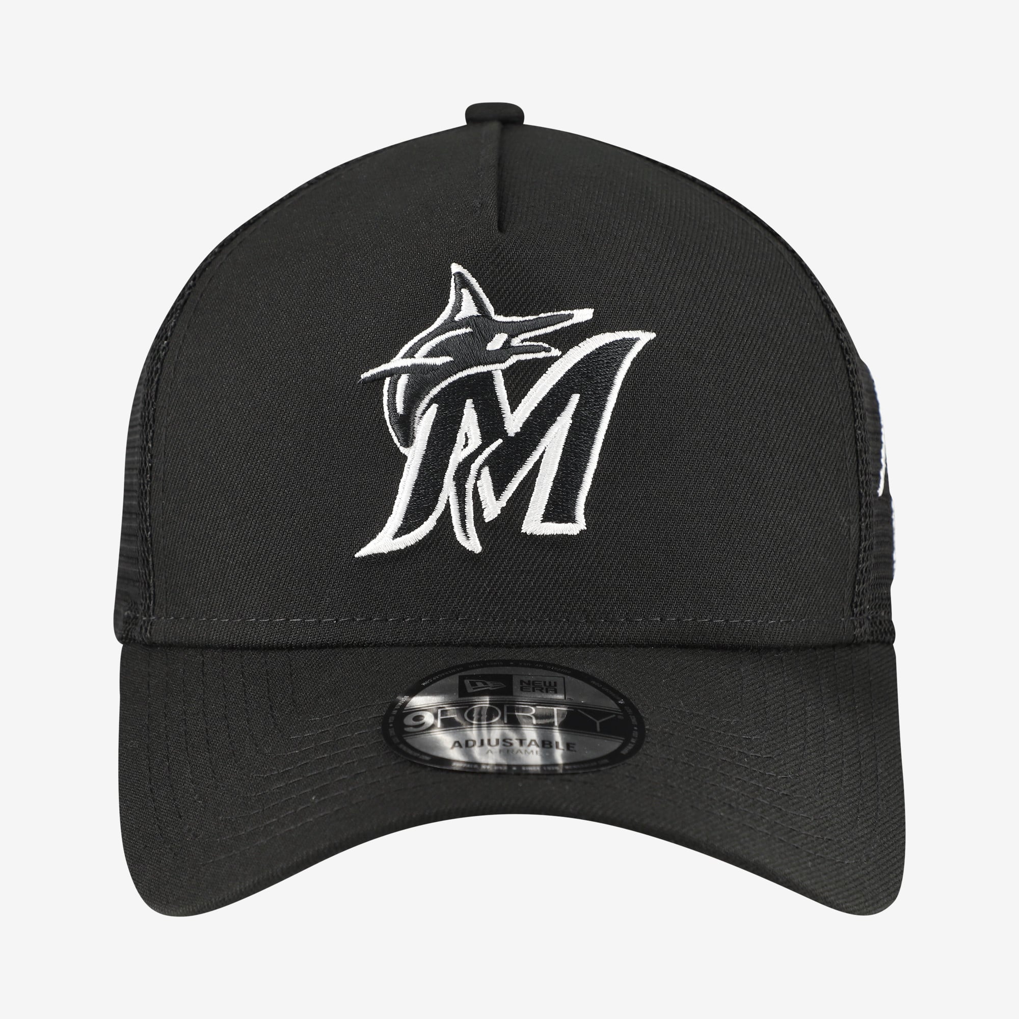 Men's New Era Black Miami Marlins Side Script 9FORTY A-Frame Trucker Adjustable Hat