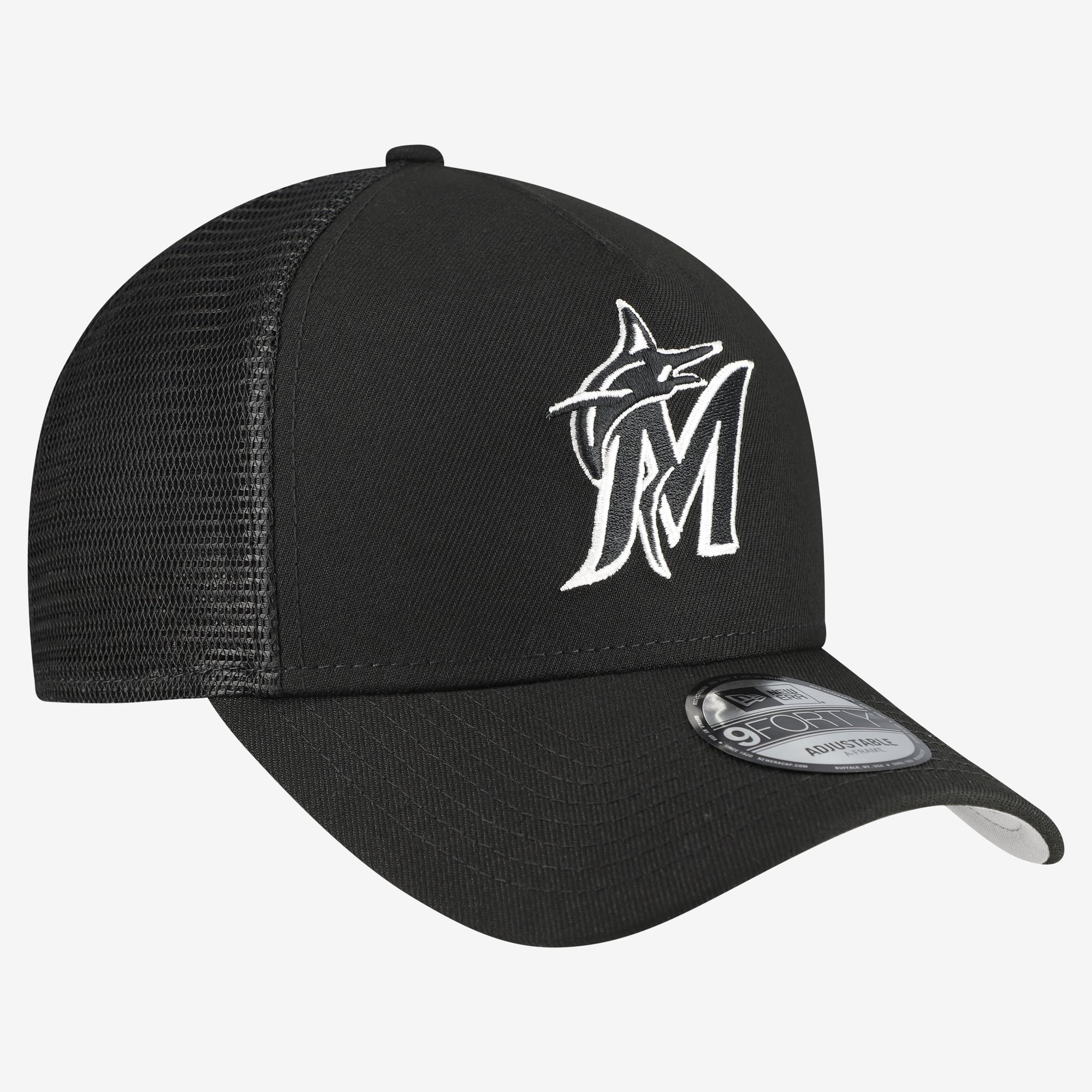 Men's New Era Black Miami Marlins Side Script 9FORTY A-Frame Trucker Adjustable Hat