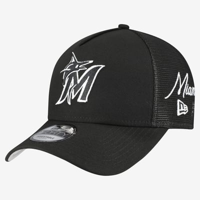 Miami Marlins New Era Side Script 9FORTY A-Frame Trucker Adjustable Hat - Black