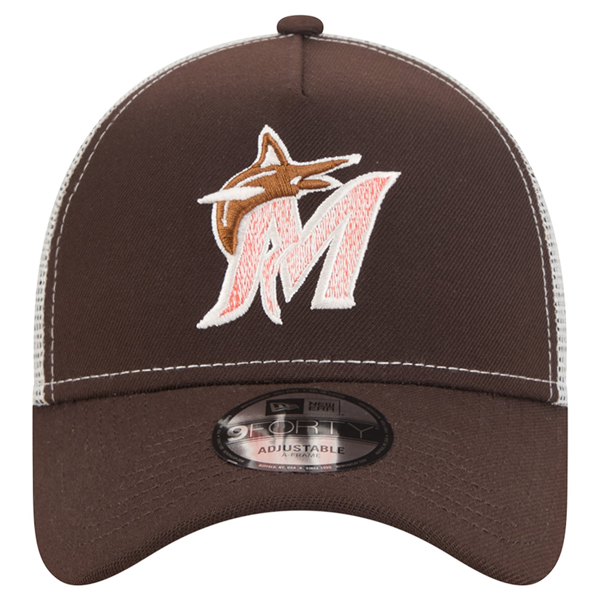 Men's New Era Brown Miami Marlins Pumpkin Spice A-Frame 9FORTY Adjustable Trucker Hat
