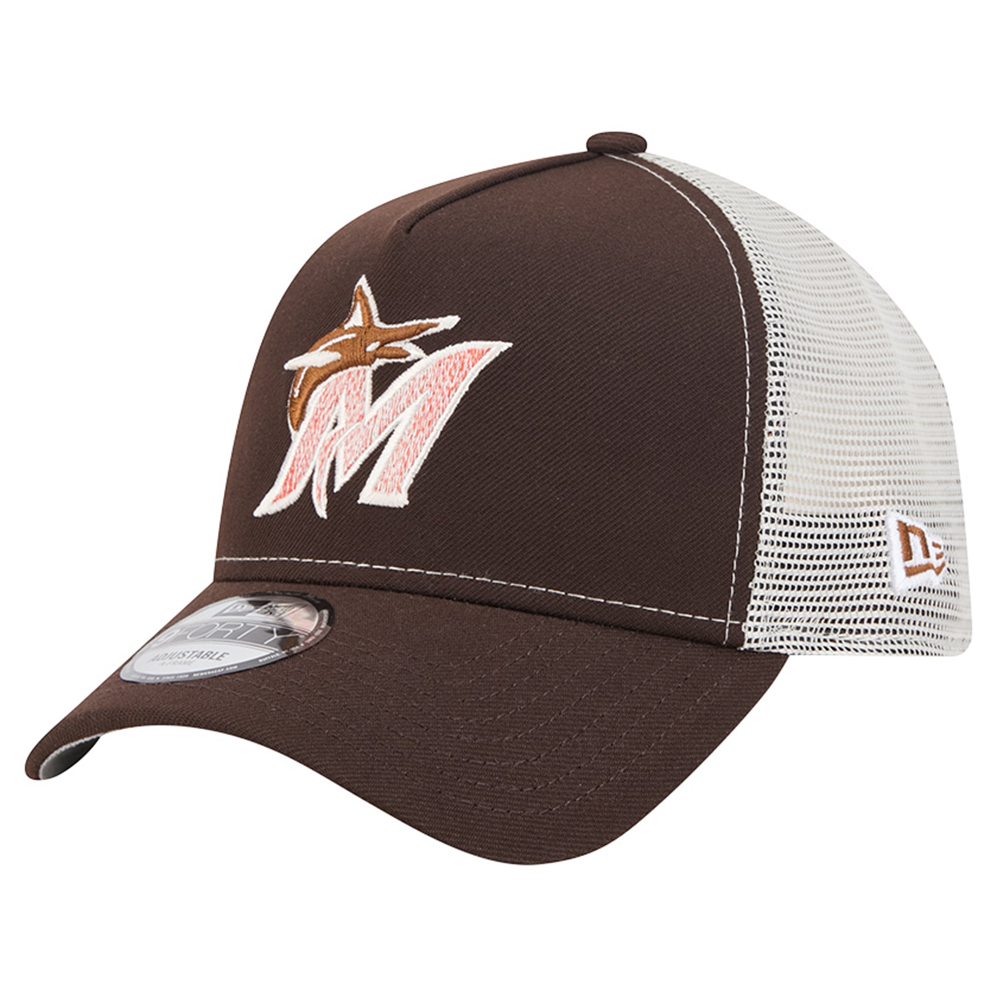 Men's New Era Brown Miami Marlins Pumpkin Spice A-Frame 9FORTY Adjustable Trucker Hat