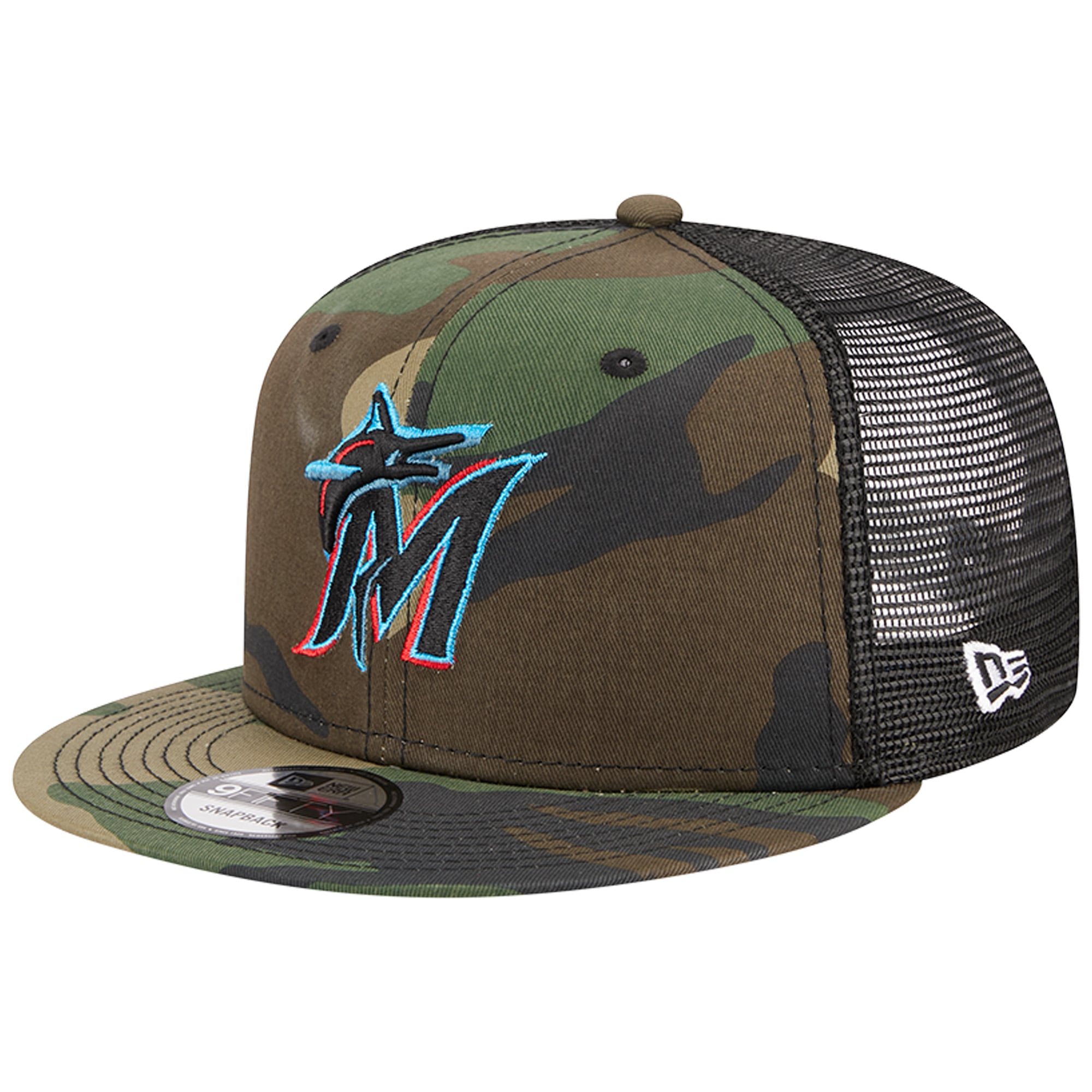 Casquette trucker New Era 9FIFTY à motif camouflage Miami Marlins Woodland pour homme