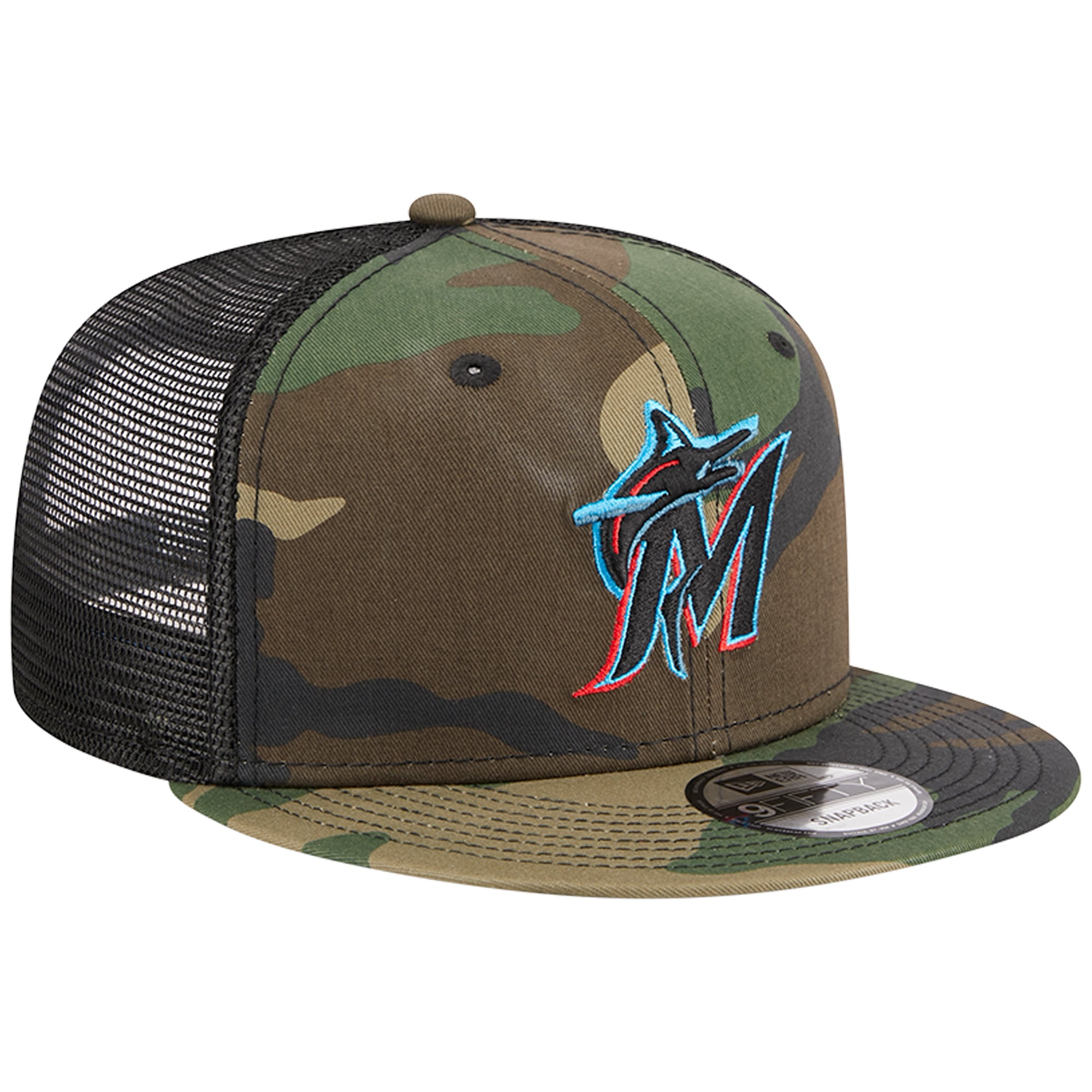 Casquette trucker New Era 9FIFTY à motif camouflage Miami Marlins Woodland pour homme