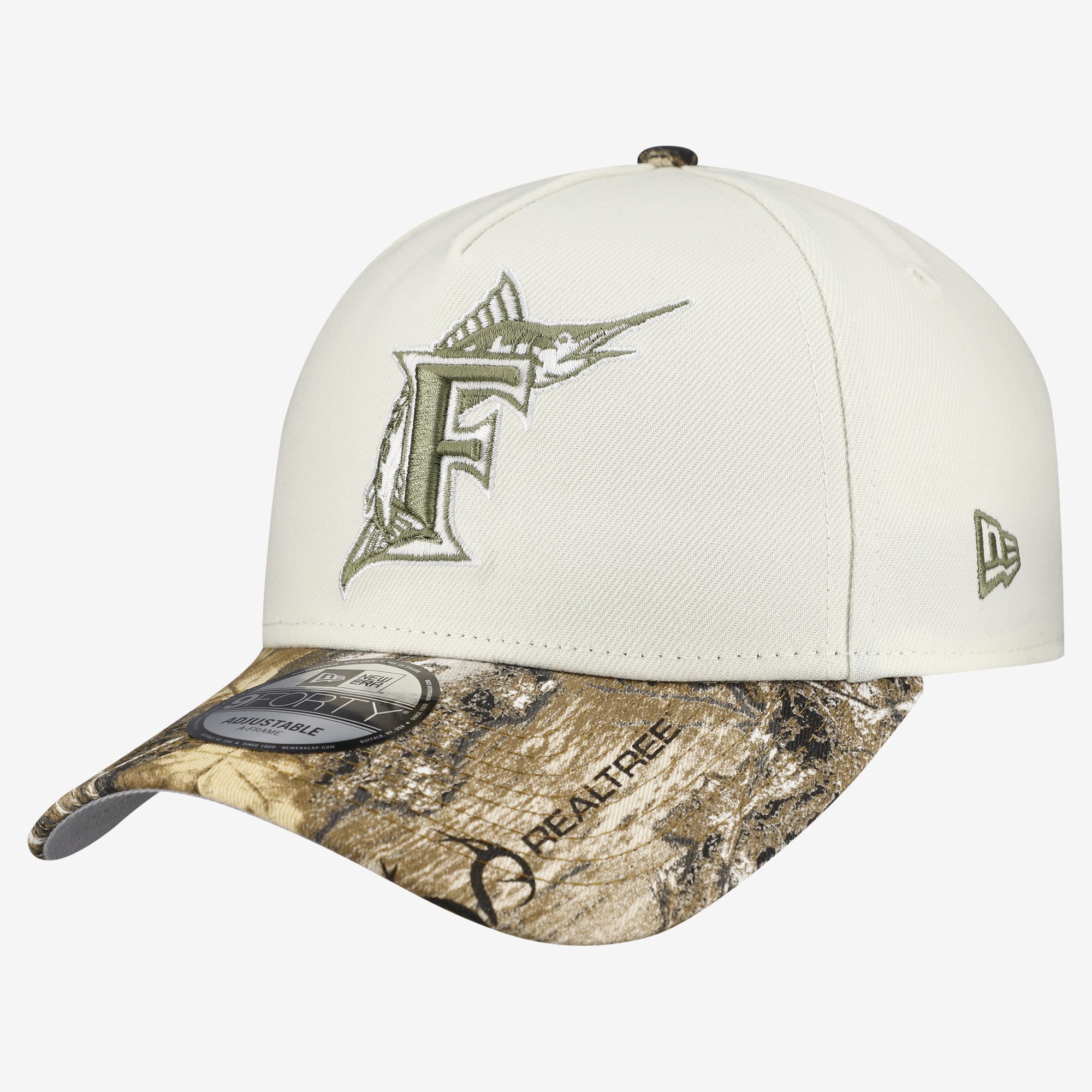 Casquette ajustable New Era 9FORTY A-Frame crème/camouflage Realtree Miami Marlins pour homme