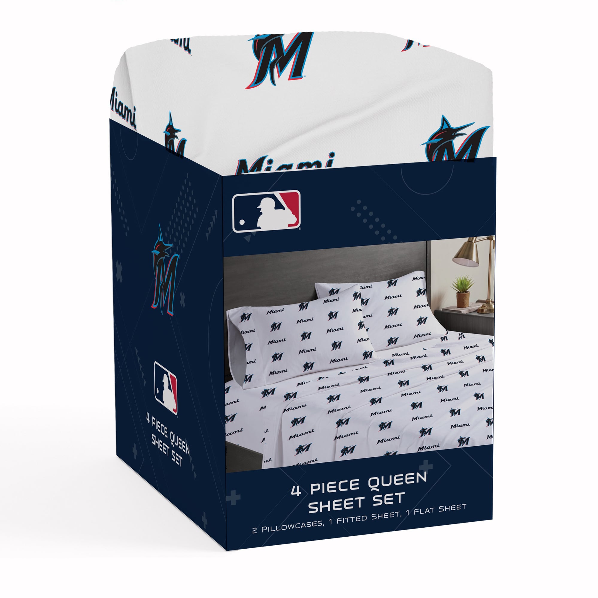 Ensemble de draps quatre pièces Pegasus Miami Marlins pour lit queen