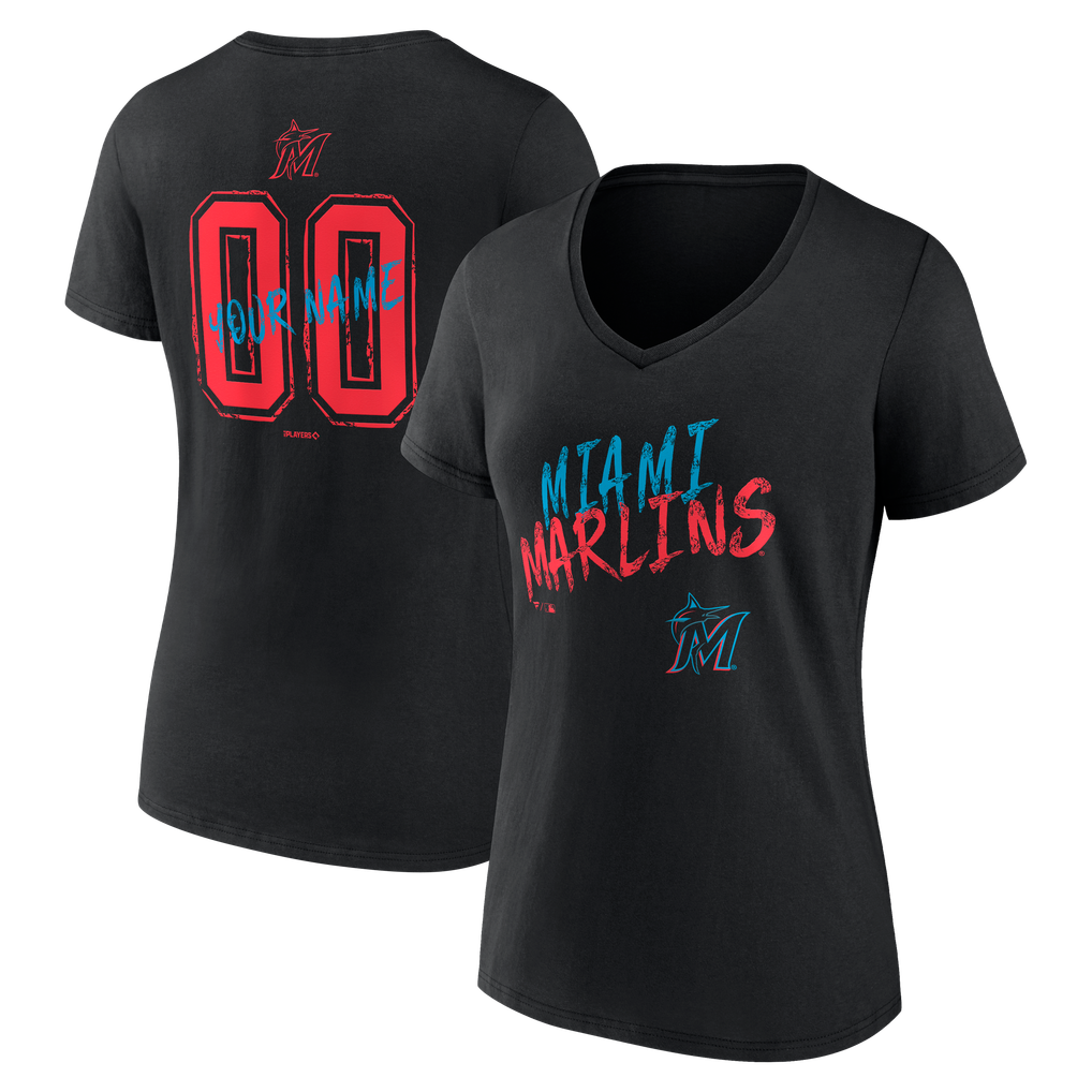 Miami Marlins Women's Hustle Personalized Name & Number V-Neck T-Shirt - Black