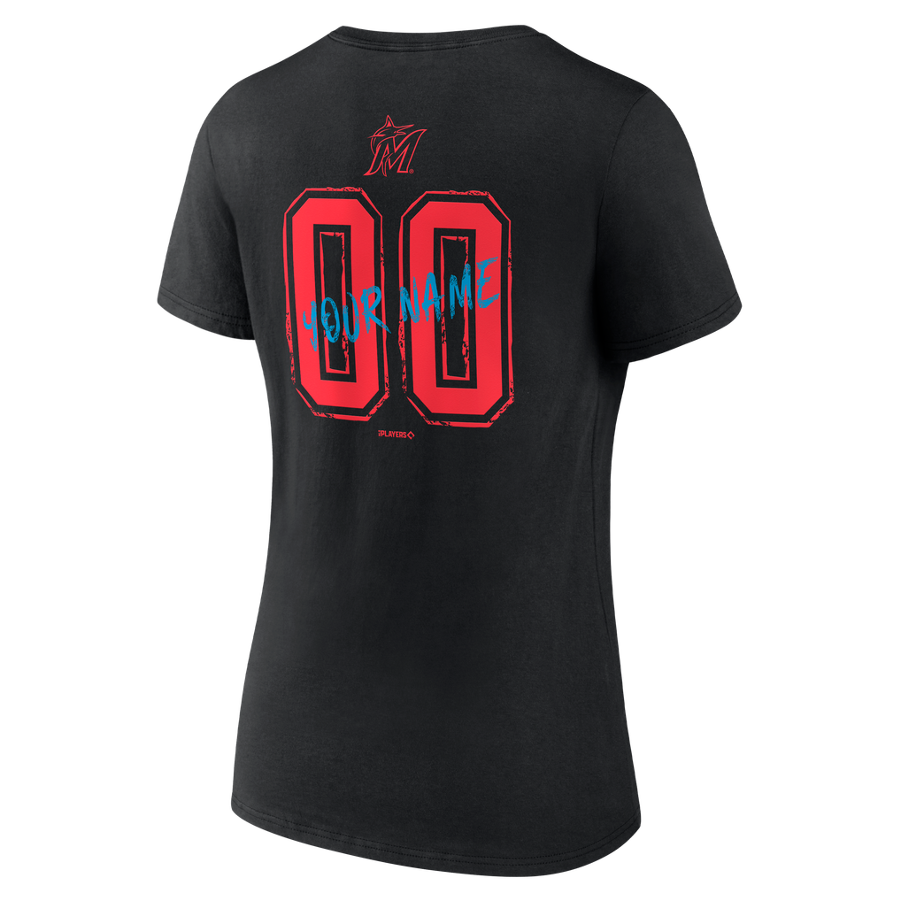 Miami Marlins Women's Hustle Personalized Name & Number V-Neck T-Shirt - Black