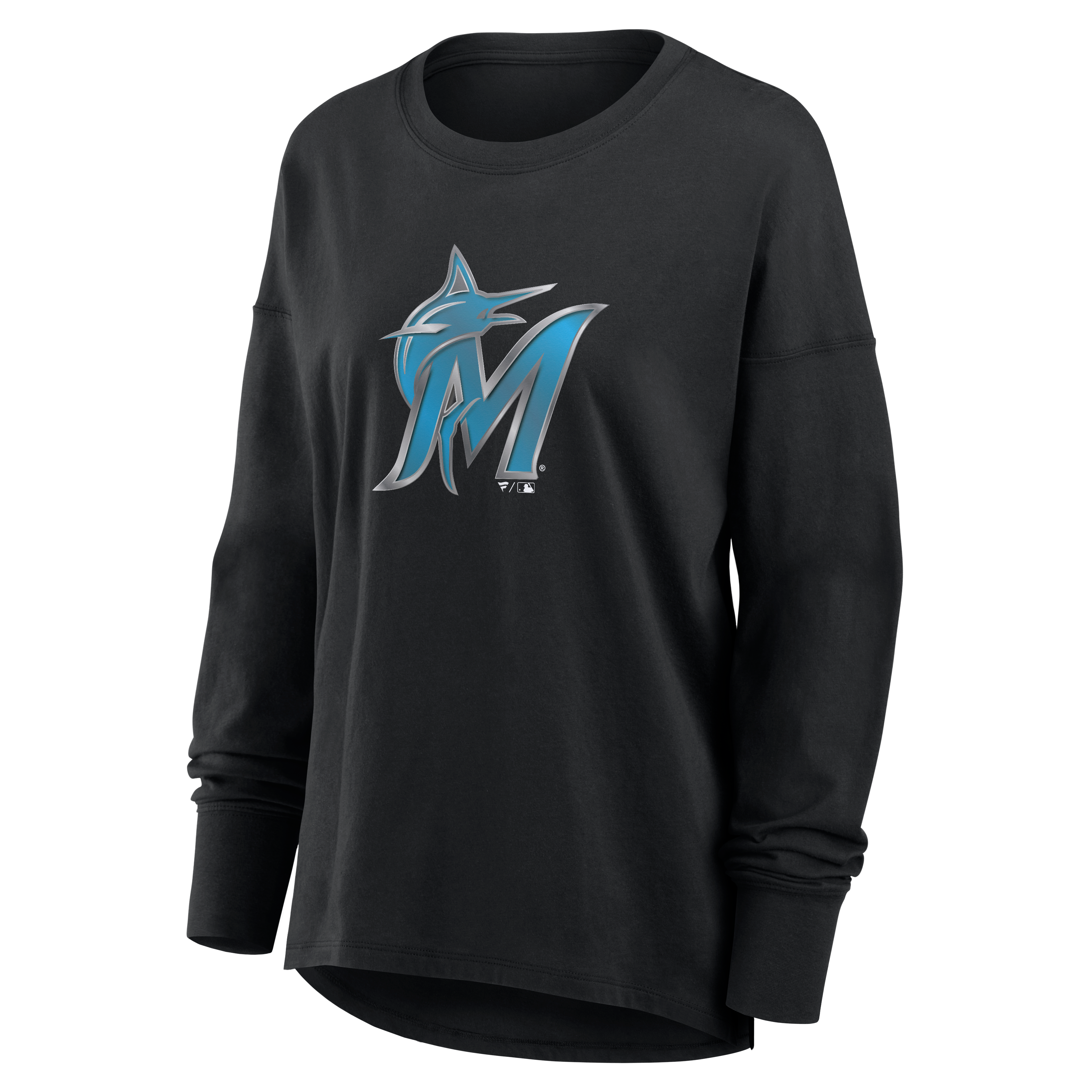 T-shirt à manches longues noir pour femmes Miami Marlins avec mascotte métallique