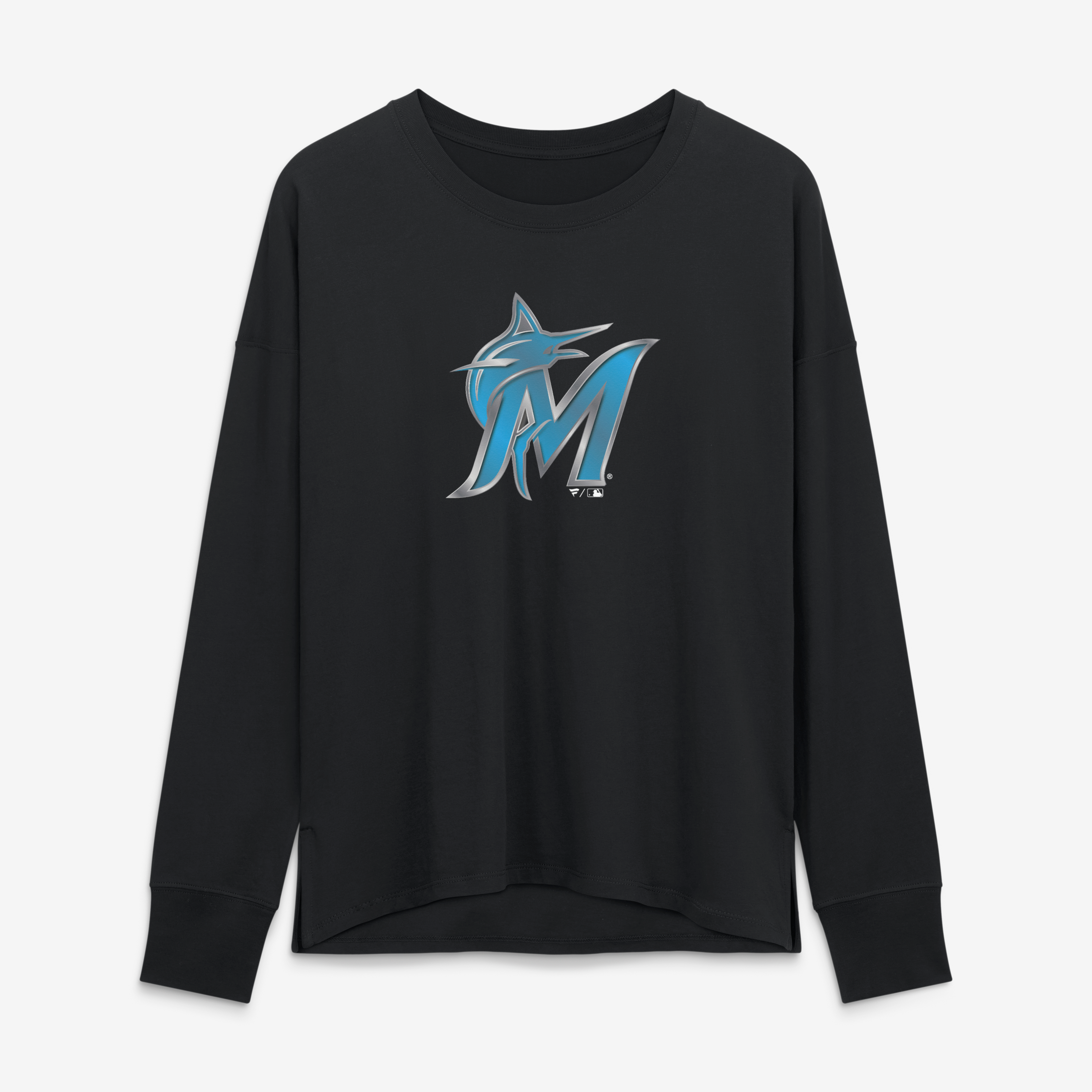 T-shirt à manches longues noir pour femmes Miami Marlins avec mascotte métallique
