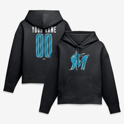 Miami Marlins Women's Metallic Mascot Personalized Name & Number Hoodie - Black
