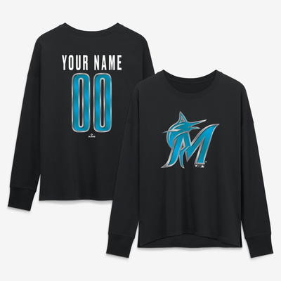 Miami Marlins Women's Metallic Mascot Personalized Name & Number Long Sleeve T-Shirt - Black
