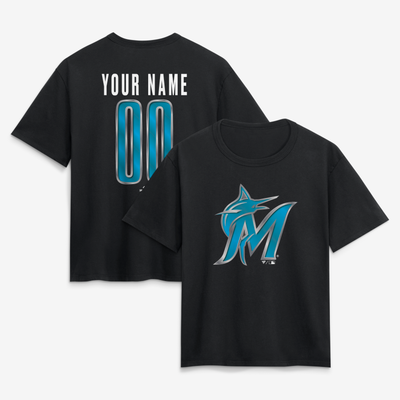 Miami Marlins Women's Metallic Mascot Personalized Name & Number T-Shirt - Black