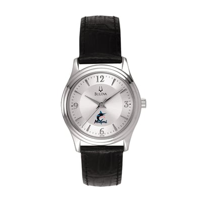 Miami Marlins Bulova Women's Leather Strap Watch - Silver