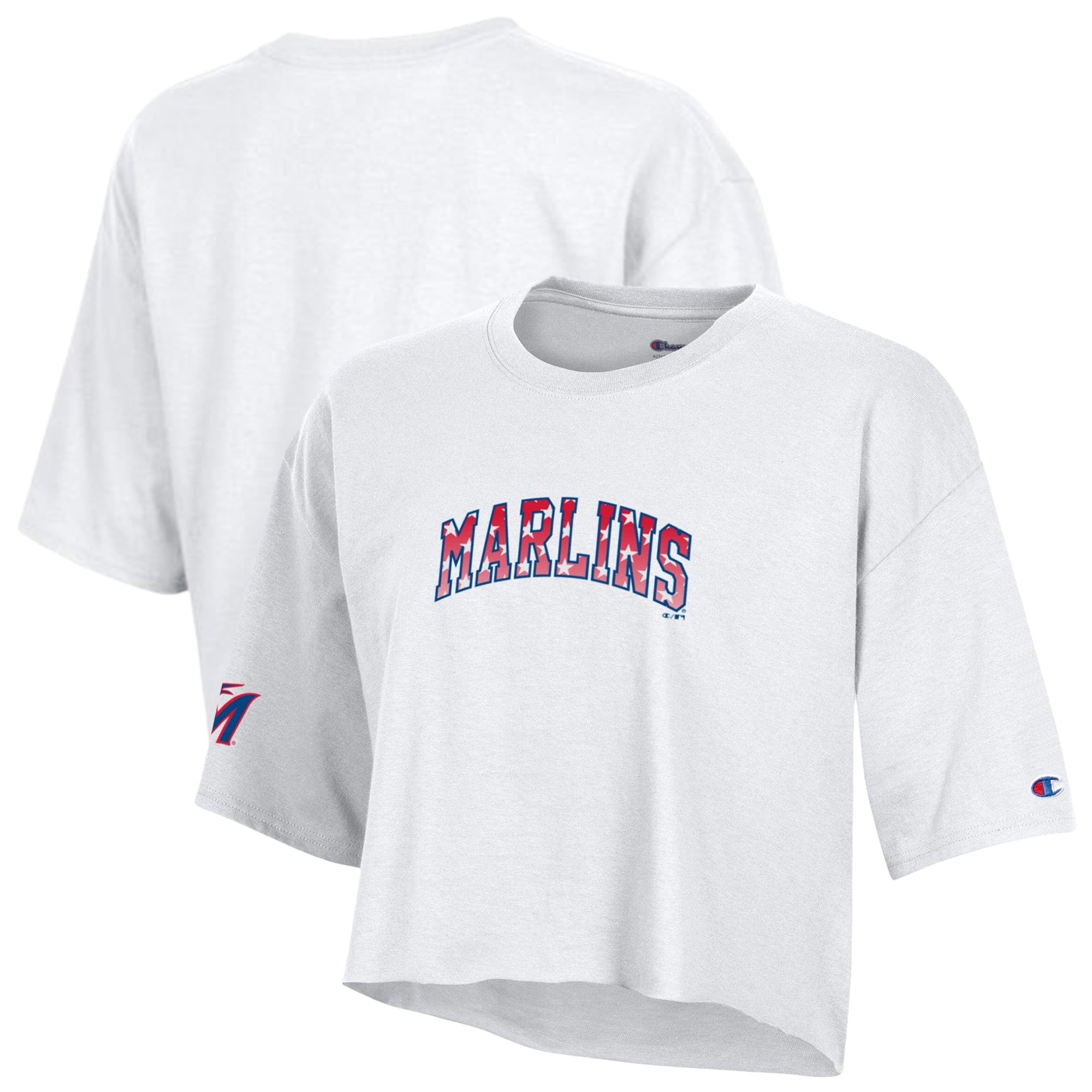 Women's Champion  White Miami Marlins Boyfriend Cropped Americana T-Shirt