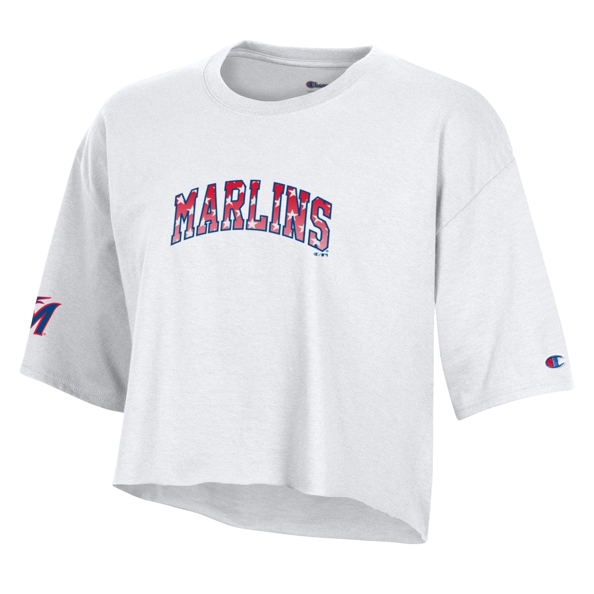 Women's Champion  White Miami Marlins Boyfriend Cropped Americana T-Shirt