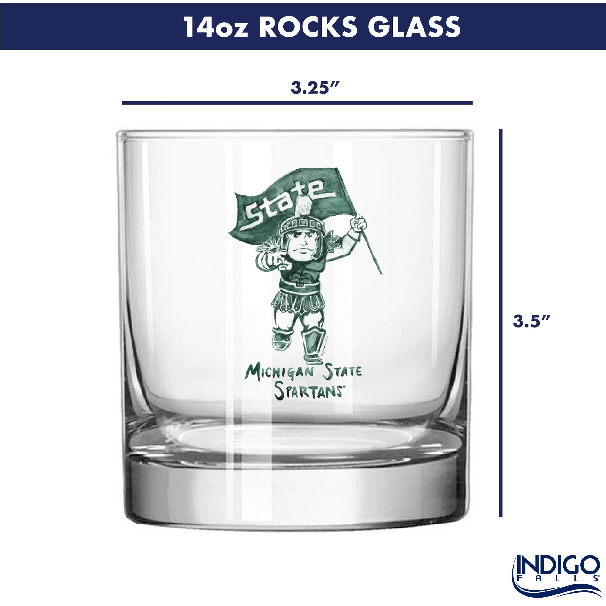 Ensemble de 2 verres à whisky à l'effigie de Laura Wilcox, mascotte des Spartans de l'Université d'État du Michigan, à Indigo Falls