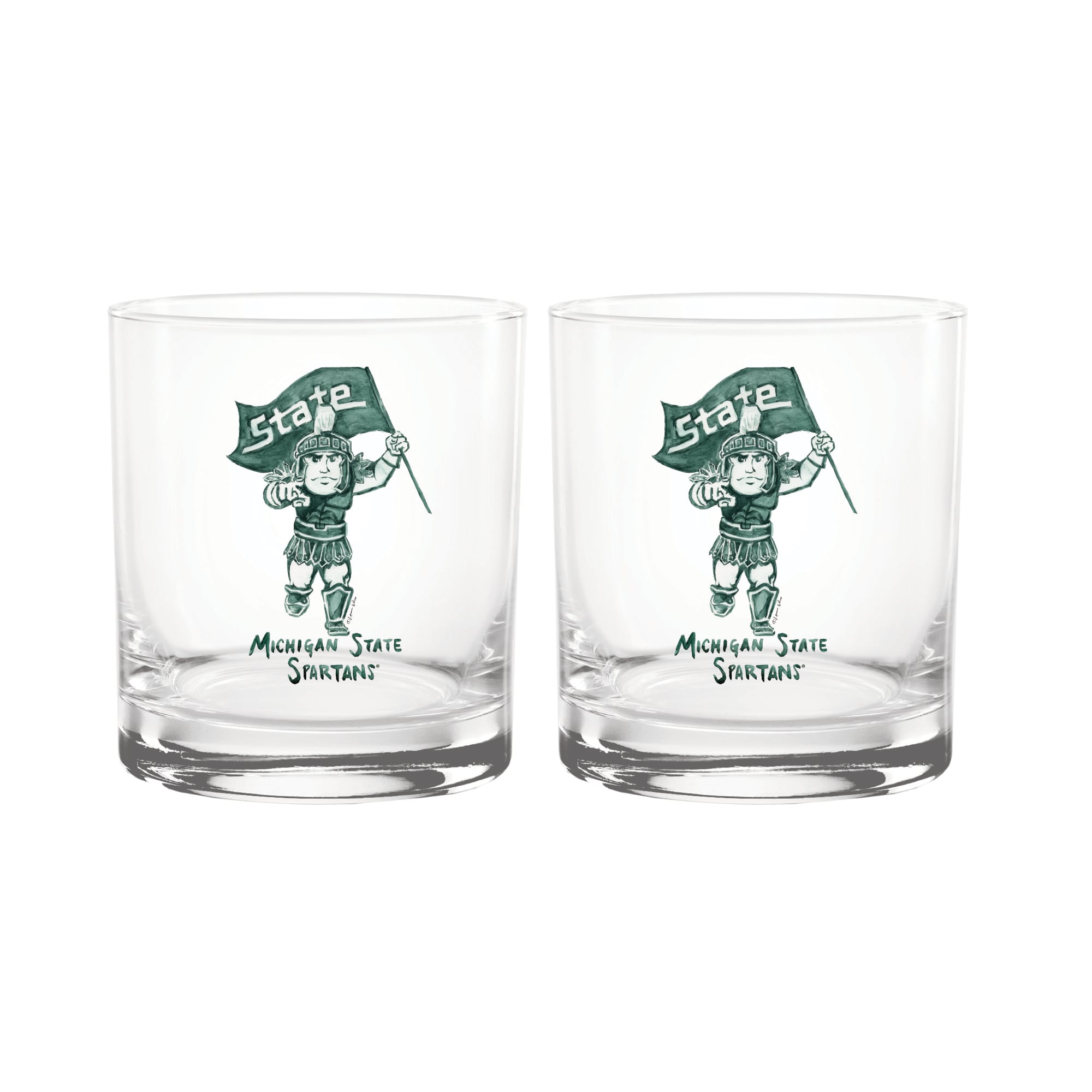 Ensemble de 2 verres à whisky à l'effigie de Laura Wilcox, mascotte des Spartans de l'Université d'État du Michigan, à Indigo Falls