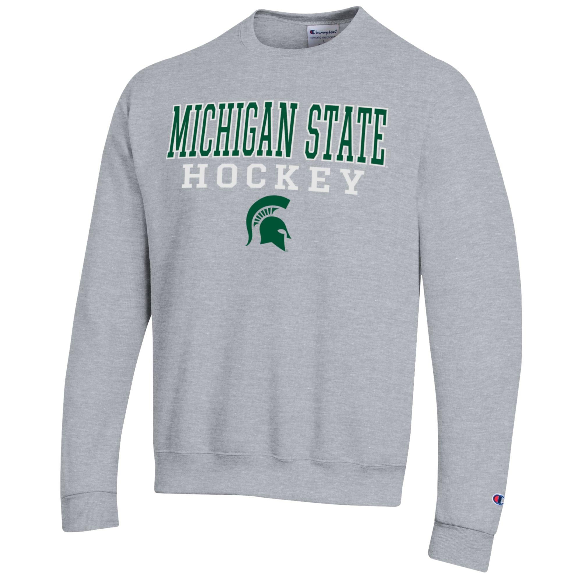 Men's Champion Heather Gray Michigan State Spartans Stack Logo Hockey Powerblend Pullover Sweatshirt