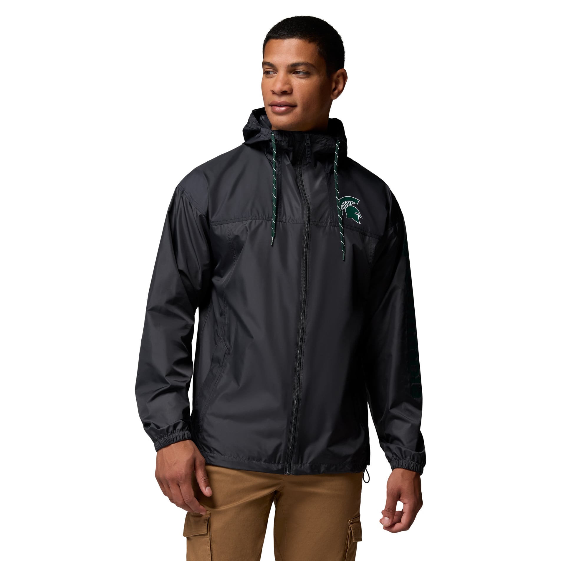 Veste coupe-vent Columbia noire pour homme, modèle Flash Challenger des Spartans de l'Université d'État du Michigan (Michigan State).