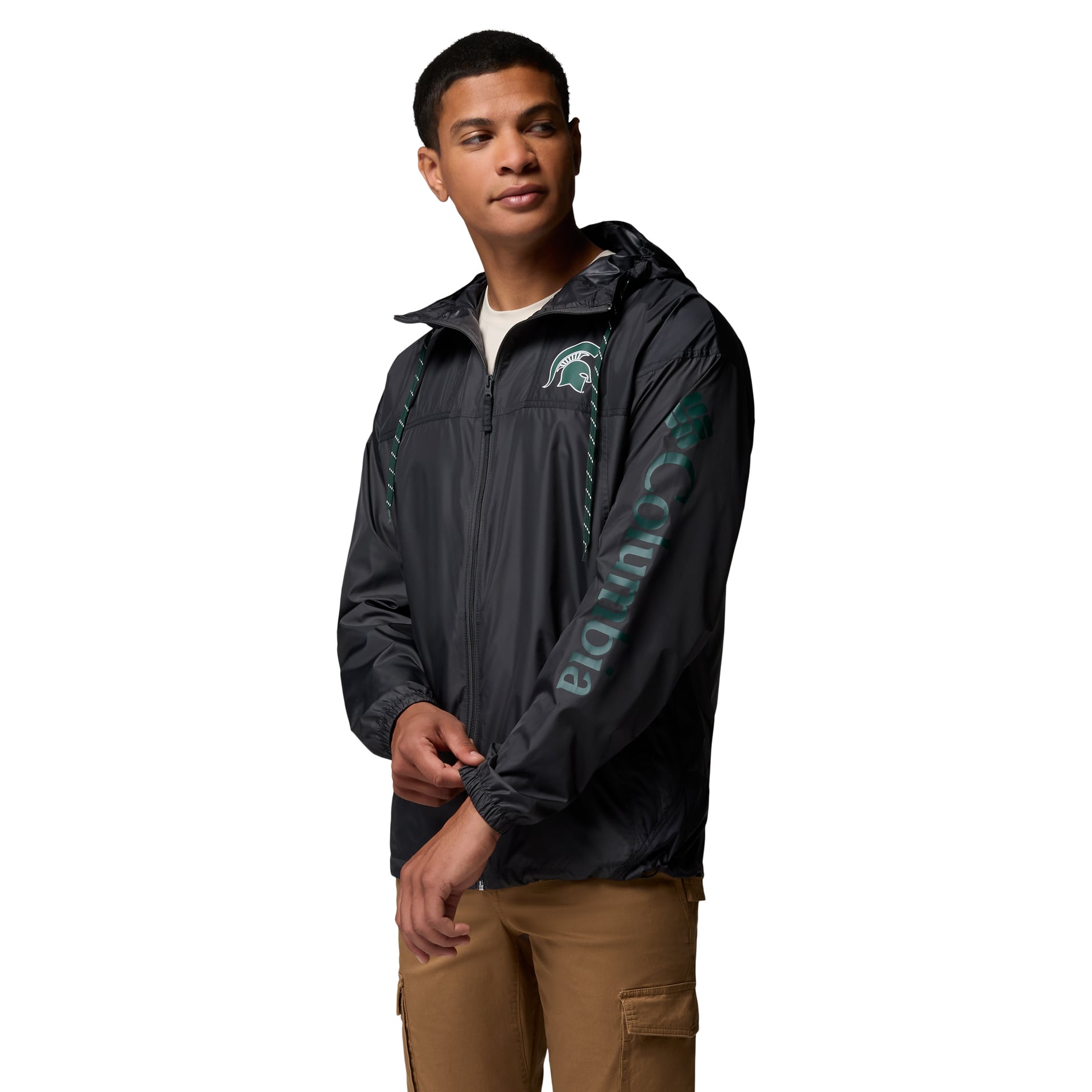 Men's Columbia Black Michigan State Spartans Flash Challenger Windbreaker Omni-Shade Hooded Jacket