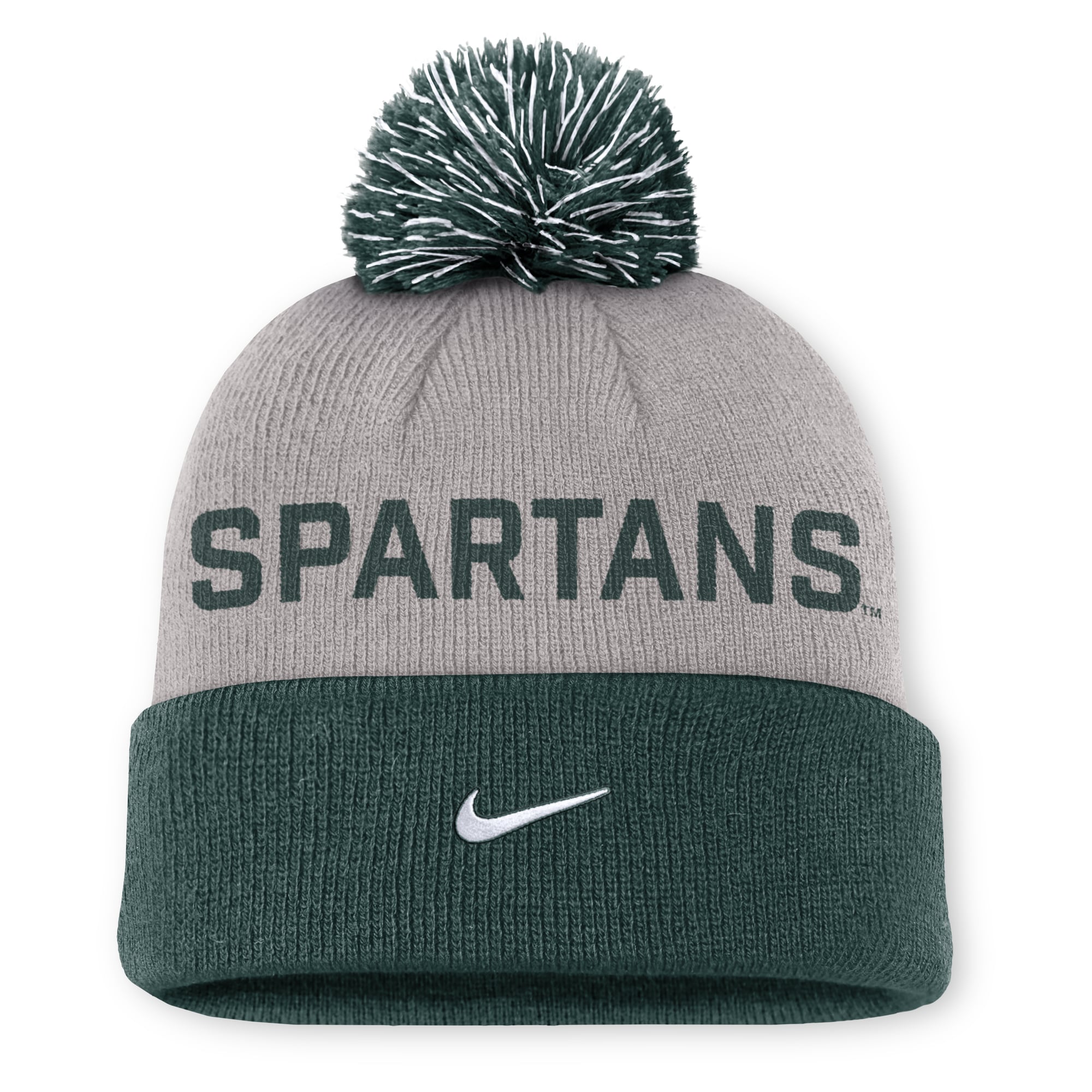 Men's Nike Gray/Green Michigan State Spartans Primetime Peak Cuffed Knit Hat with Pom