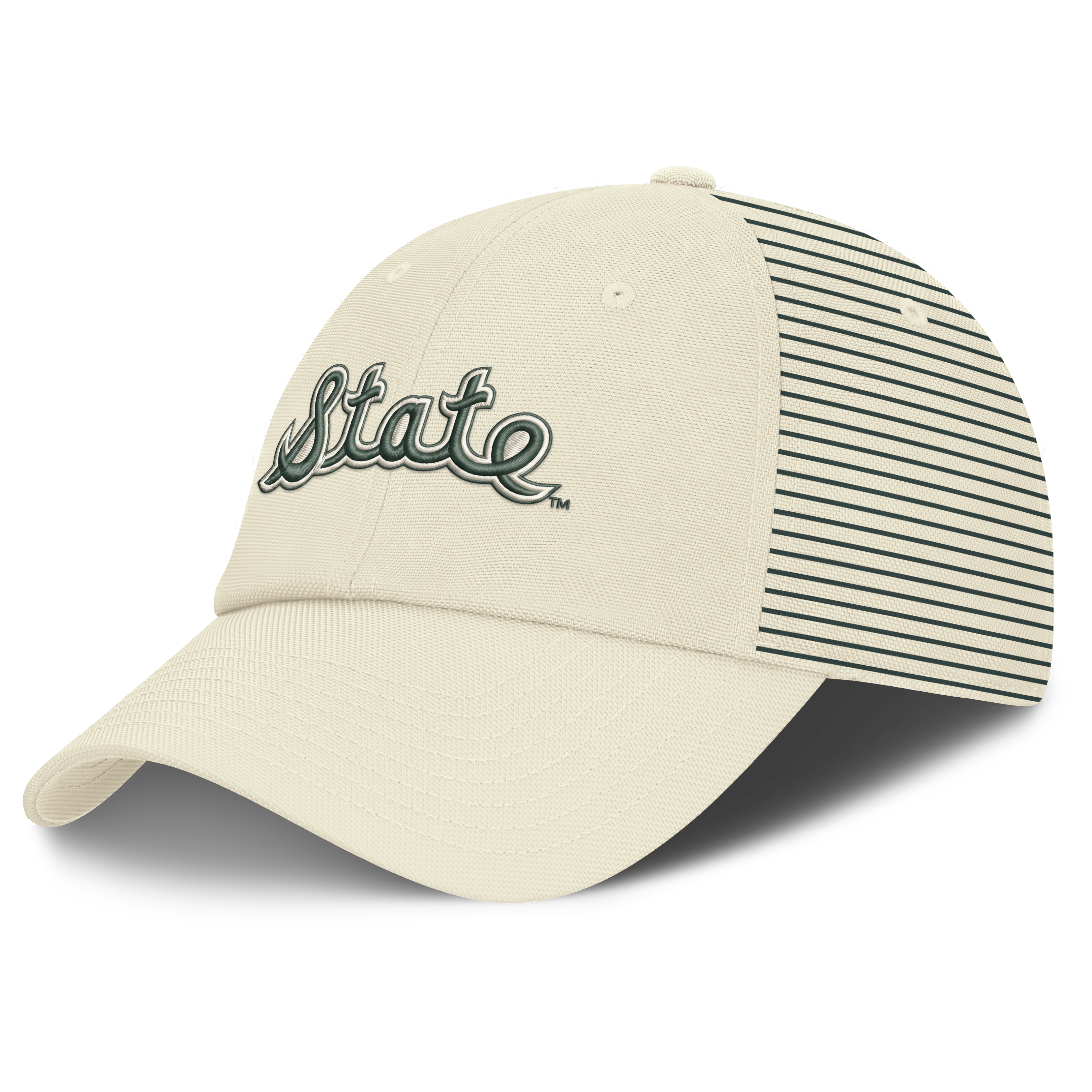 Casquette Nike blanche pour homme, logo Vault des Spartans de l'Université d'État du Michigan, rayée, style club, technologie Dri-FIT, ajustable