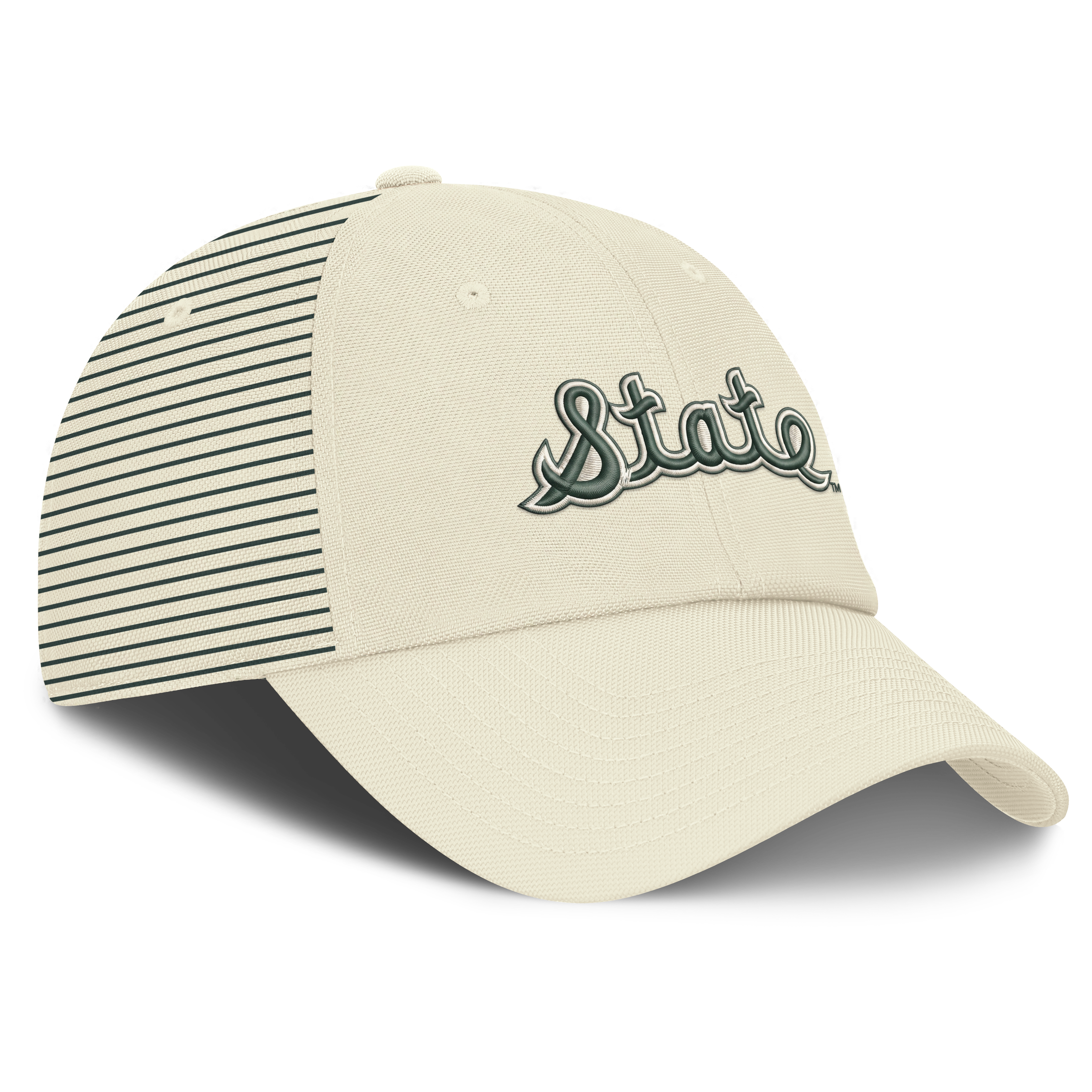 Casquette Nike blanche pour homme, logo Vault des Spartans de l'Université d'État du Michigan, rayée, style club, technologie Dri-FIT, ajustable