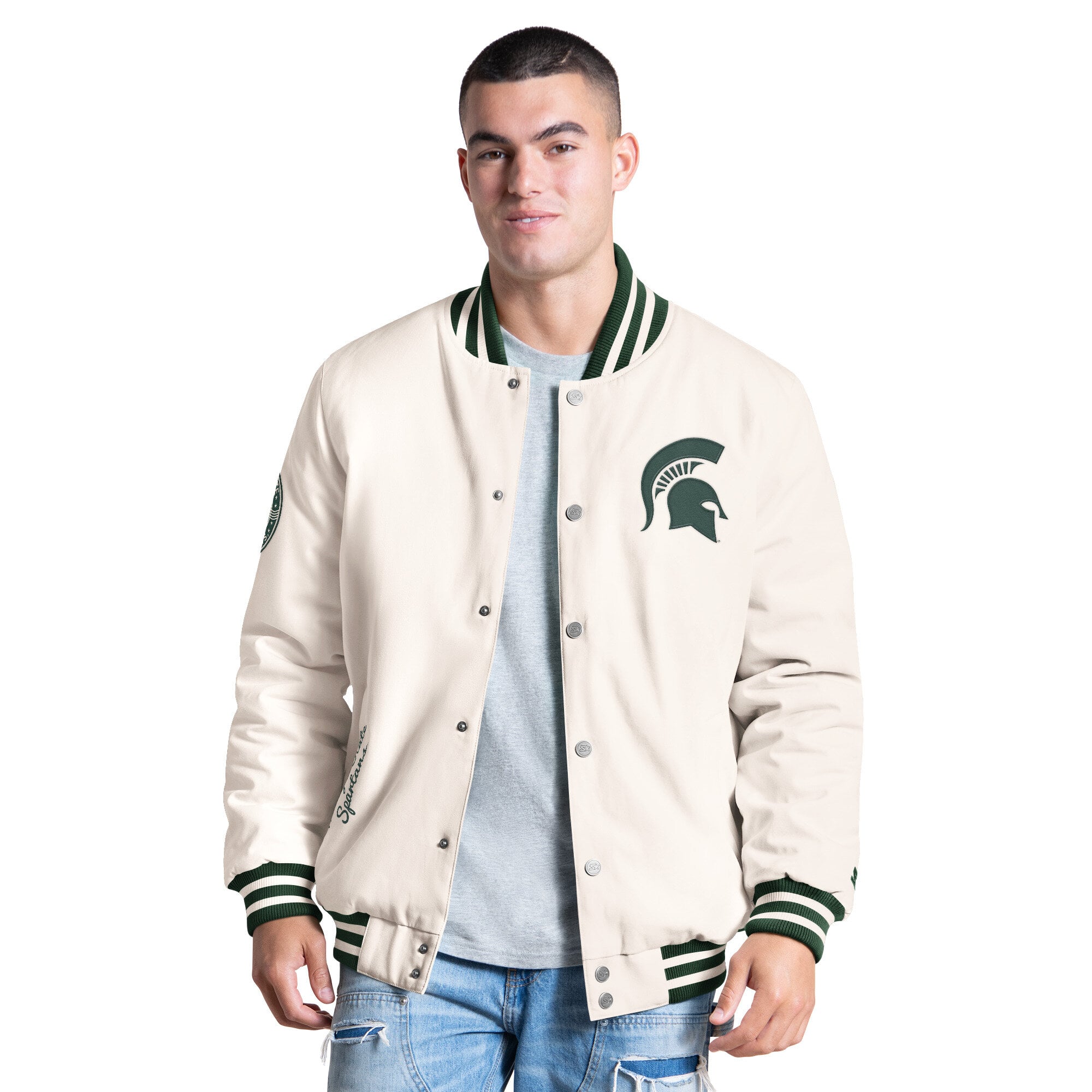 Men's Starter White Michigan State Spartans Spectator Varsity Full Snap Jacket