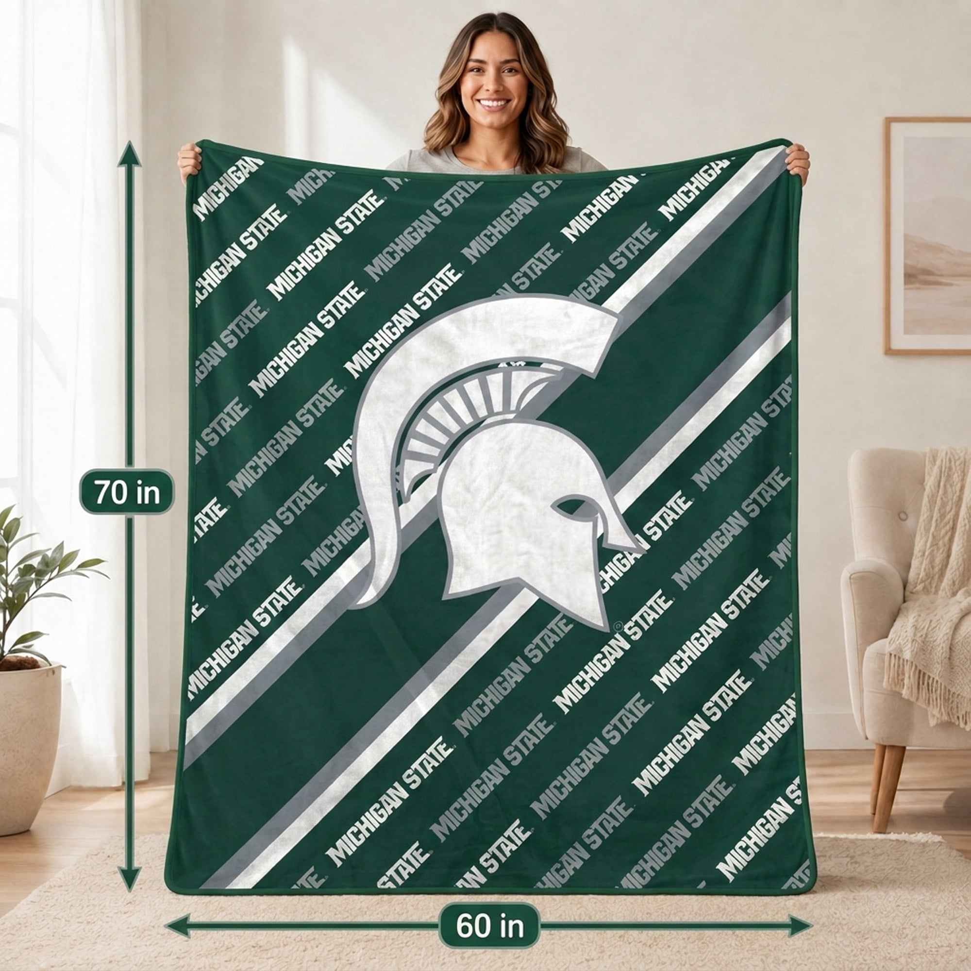 Couverture ultra douce Pegasus Michigan State Spartans, 152 x 178 cm (diagonale), doublée, avec logo.