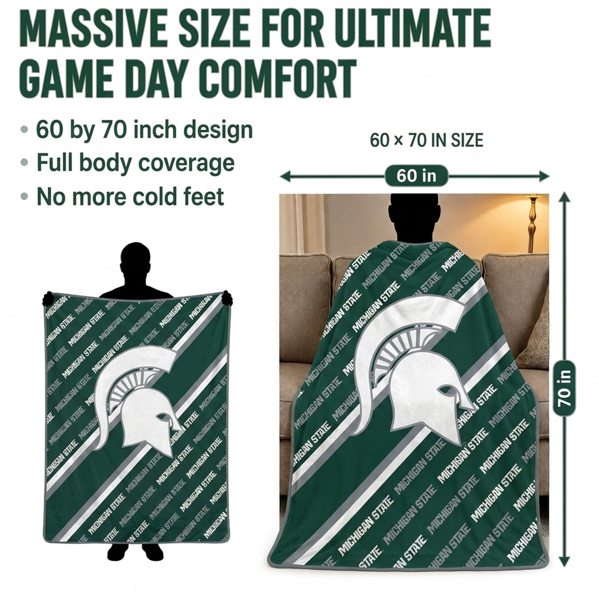 Couverture ultra douce Pegasus Michigan State Spartans, 152 x 178 cm (diagonale), doublée, avec logo.