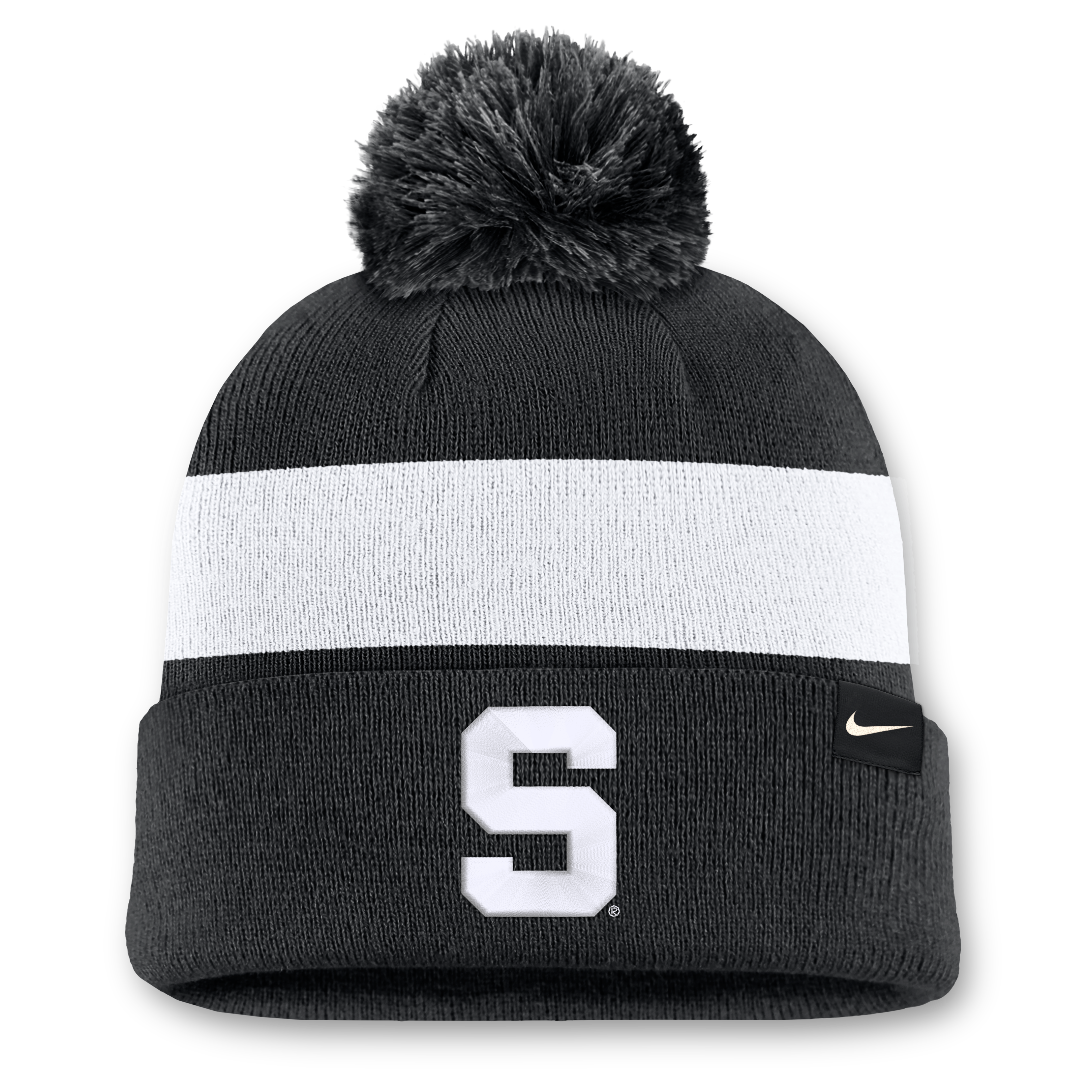 Bonnet unisexe Nike noir à rayures et revers, orné d'un pompon, aux couleurs des Michigan State Spartans Primetime Stripe.