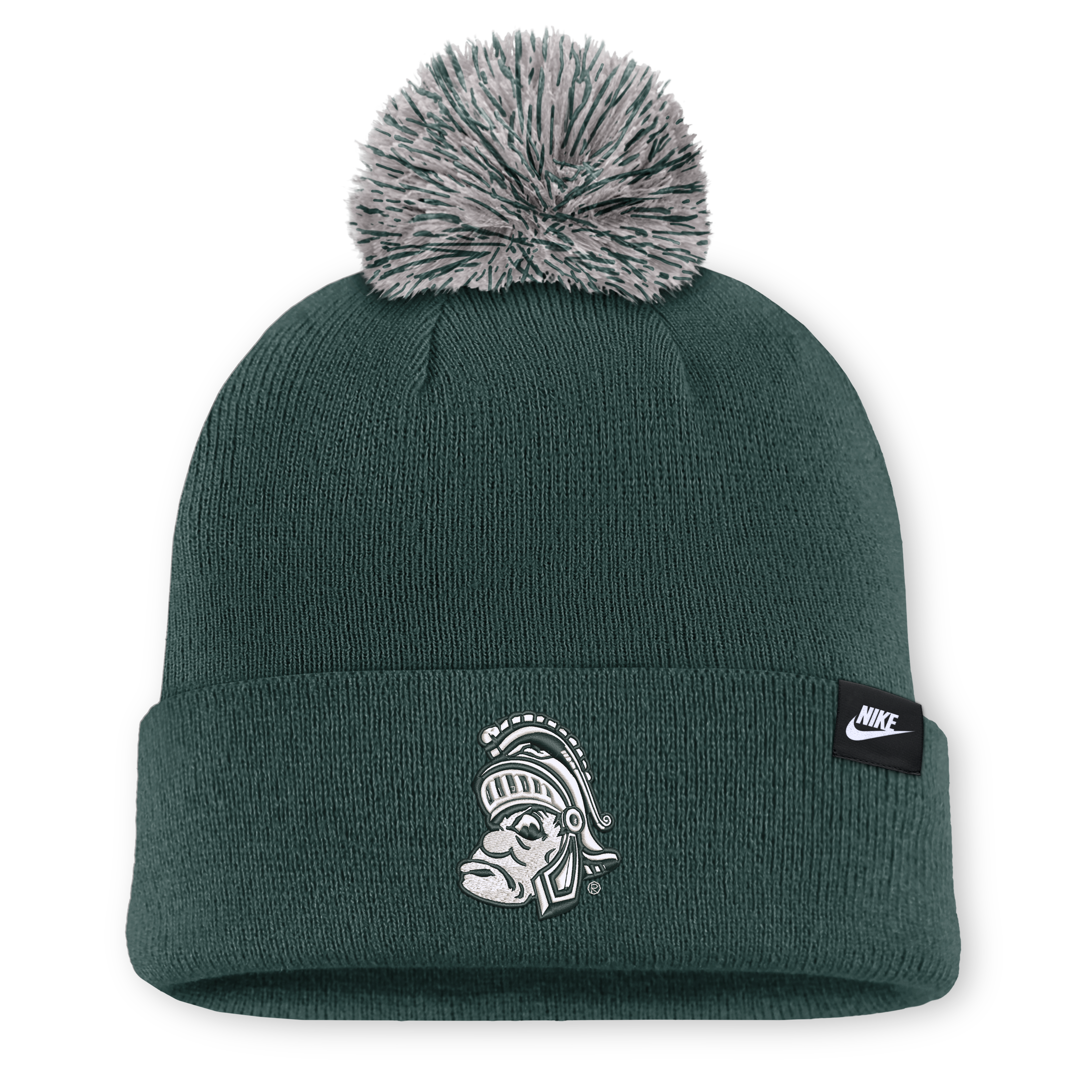 Bonnet unisexe Nike blanc à pompon, orné de la mascotte des Spartans l'Université d'État du Michigan.
