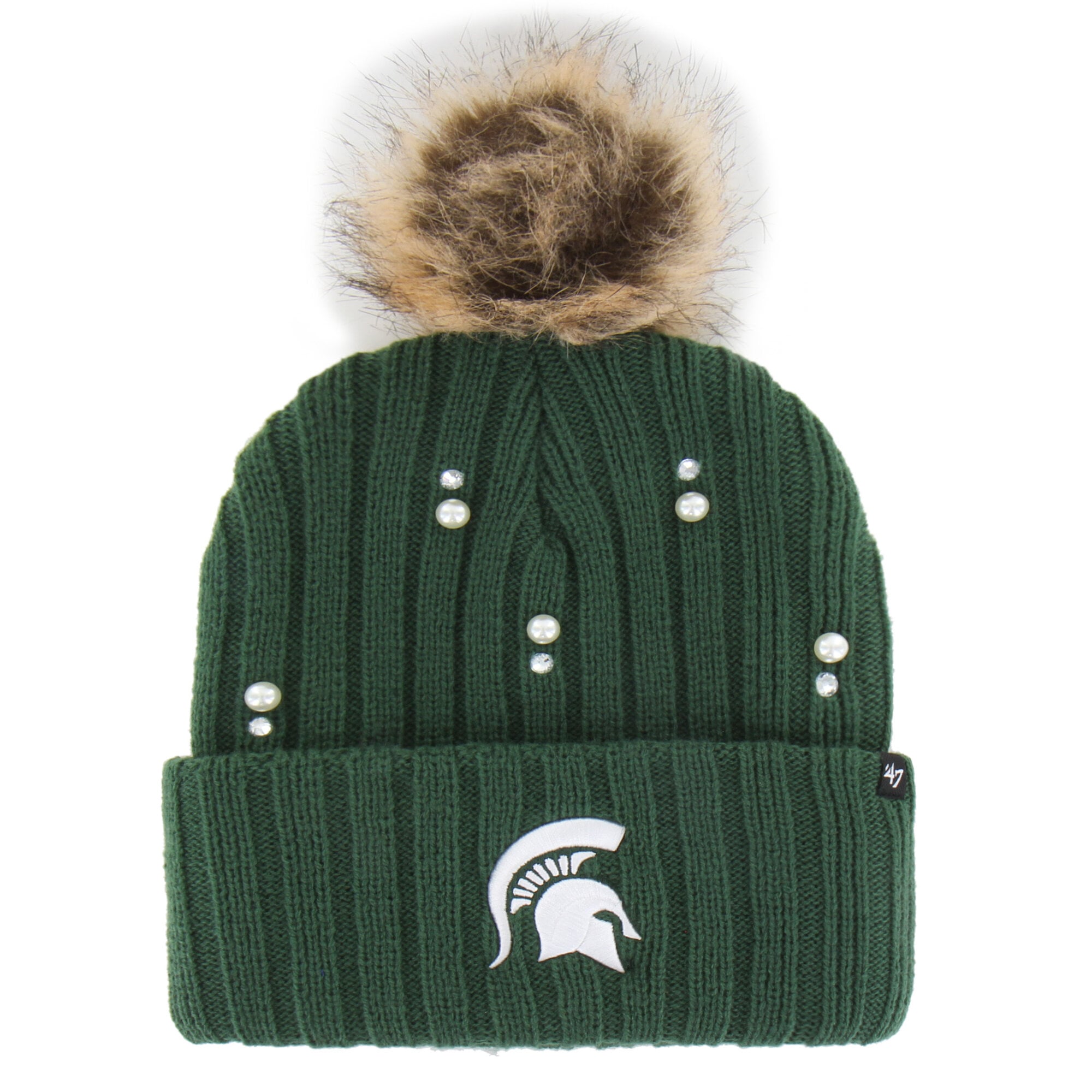 Bonnet en maille de fourrure nacrée vert '47' des Spartans de l'Université d'État du Michigan avec pompon