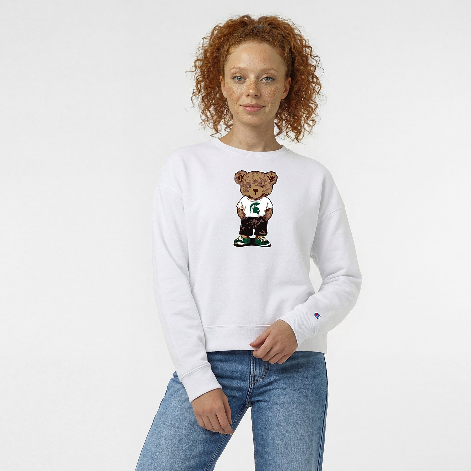 Women's Champion White Michigan State Spartans Teddy Bear Fleece Sweatshirt