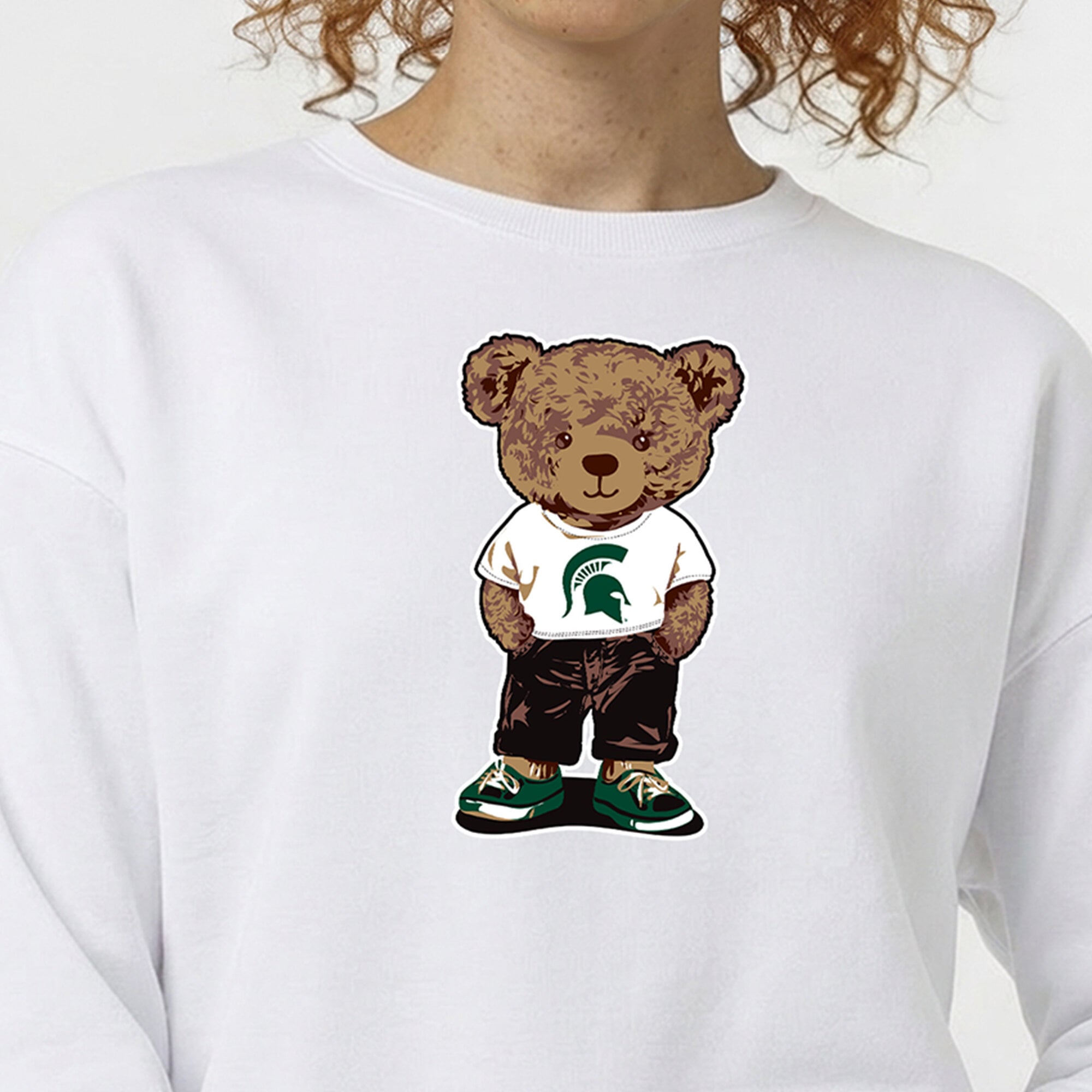 Women's Champion White Michigan State Spartans Teddy Bear Fleece Sweatshirt