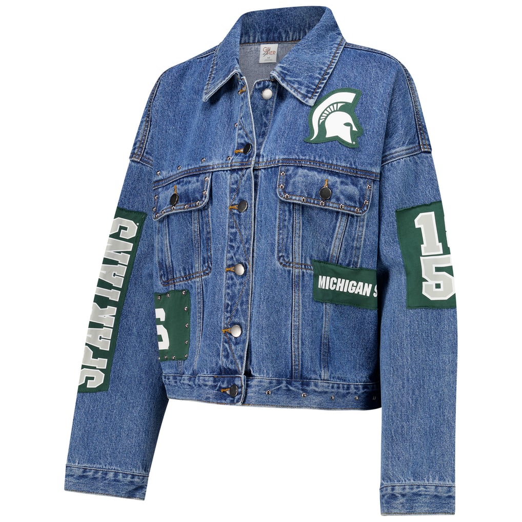 NEW Distressed Blue Denim Michigan State Spartans Green Faux Fur Pom Crystals MSU Winter Cuffed Knit Beanie main image 3