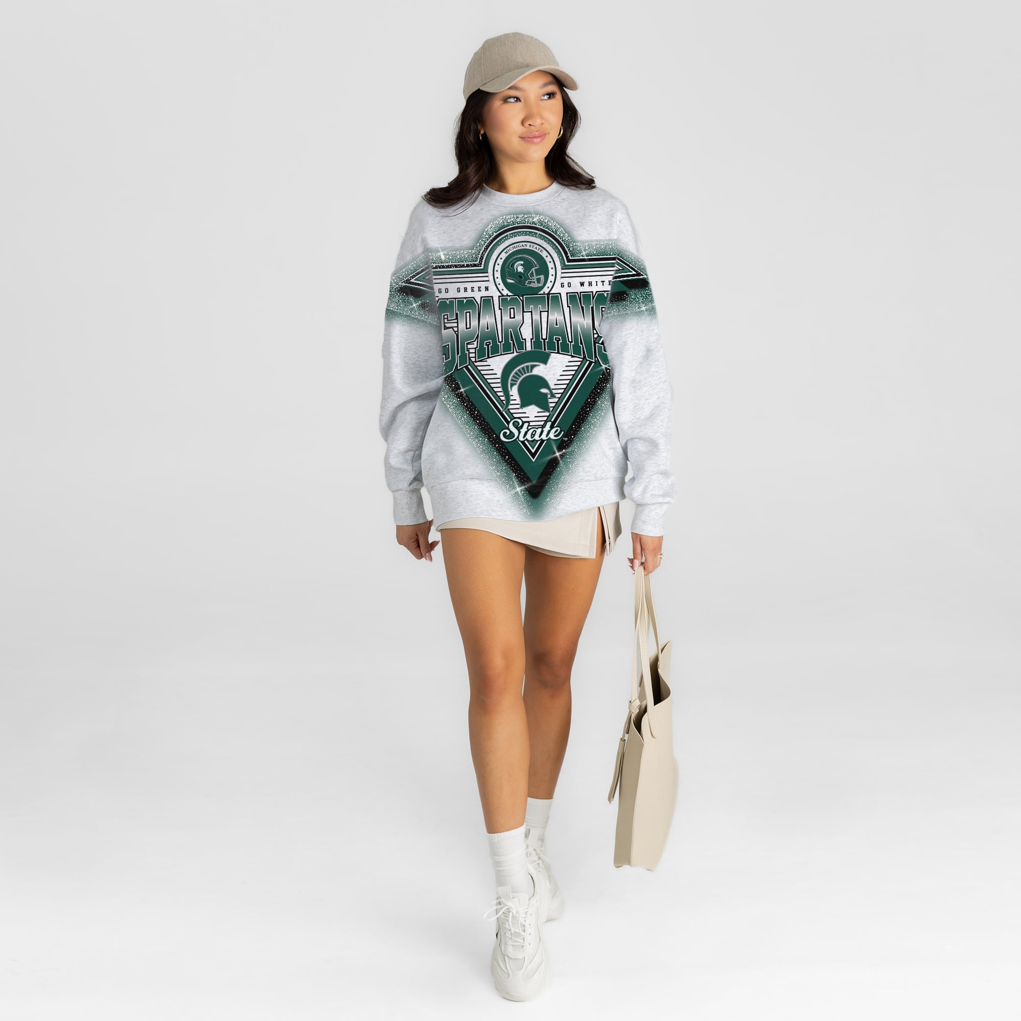 Women's Gameday Couture Gray Michigan State Spartans Chasing Victory Rhinestone Spray Oversized Fleece Sweatshirt