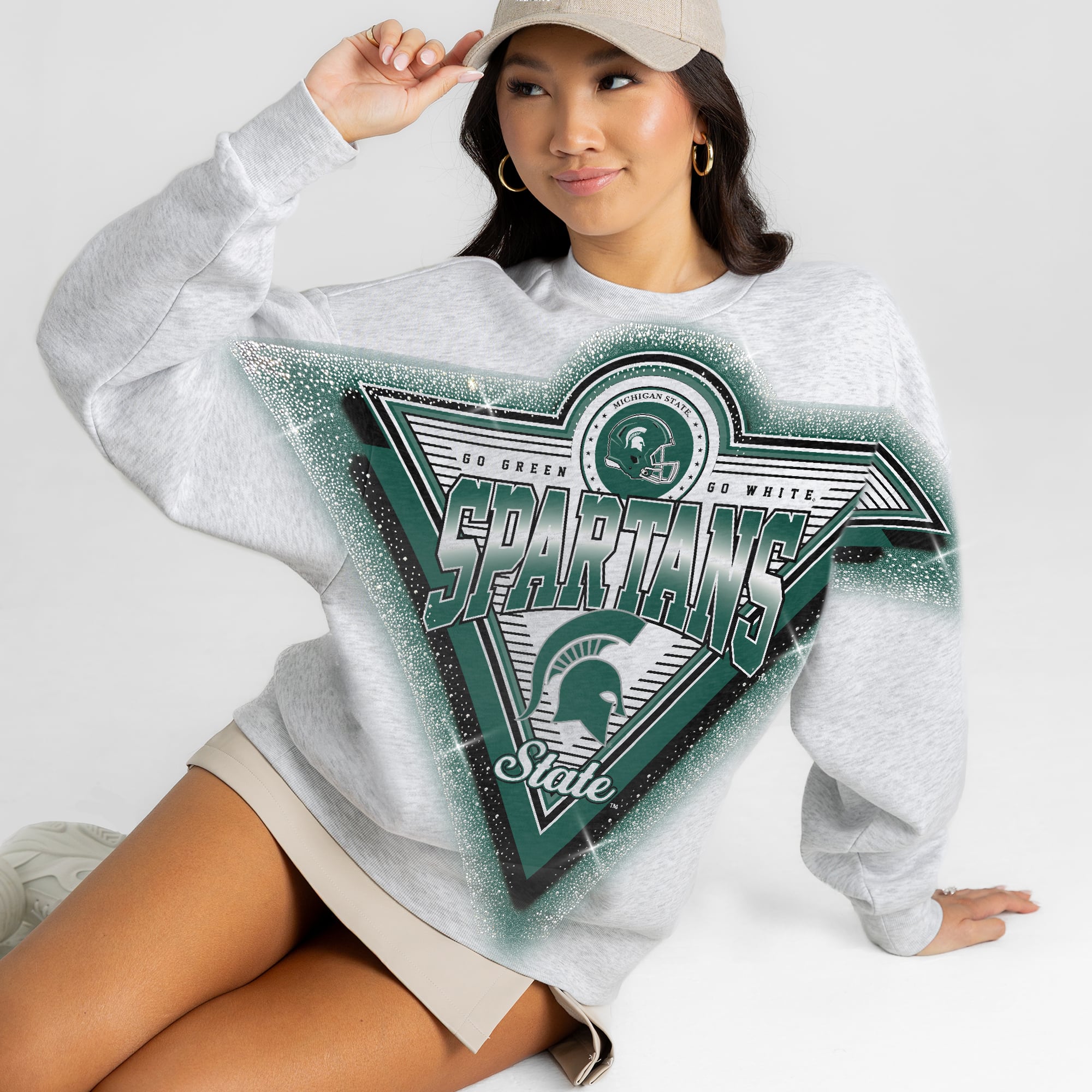 Women's Gameday Couture Gray Michigan State Spartans Chasing Victory Rhinestone Spray Oversized Fleece Sweatshirt
