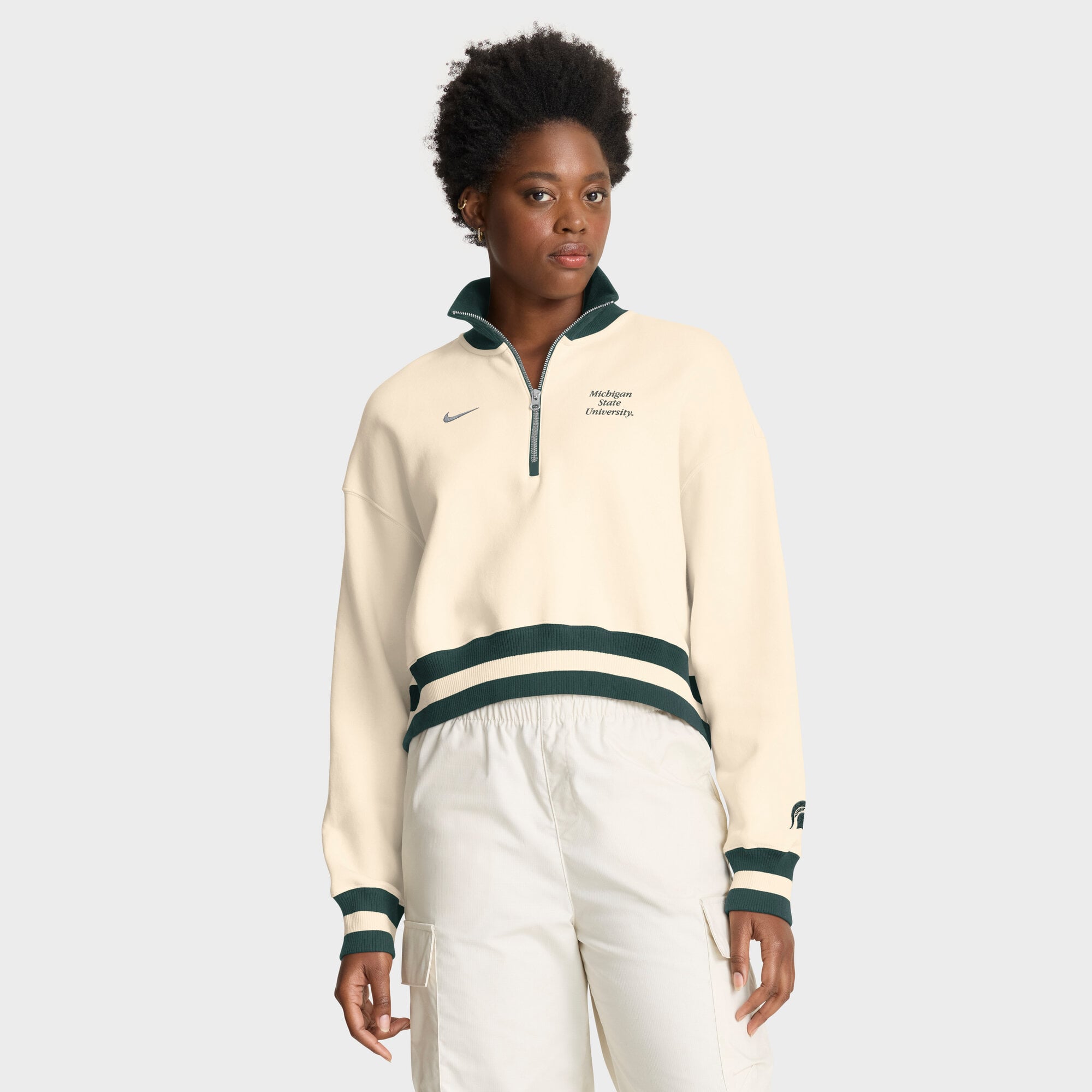 Women's Nike Cream Michigan State Spartans Oversized Legacy Cropped Half-Zip Sweatshirt