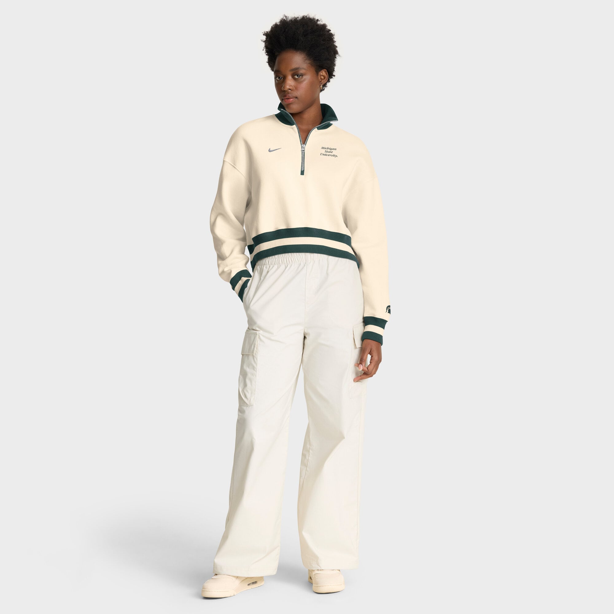Women's Nike Cream Michigan State Spartans Oversized Legacy Cropped Half-Zip Sweatshirt